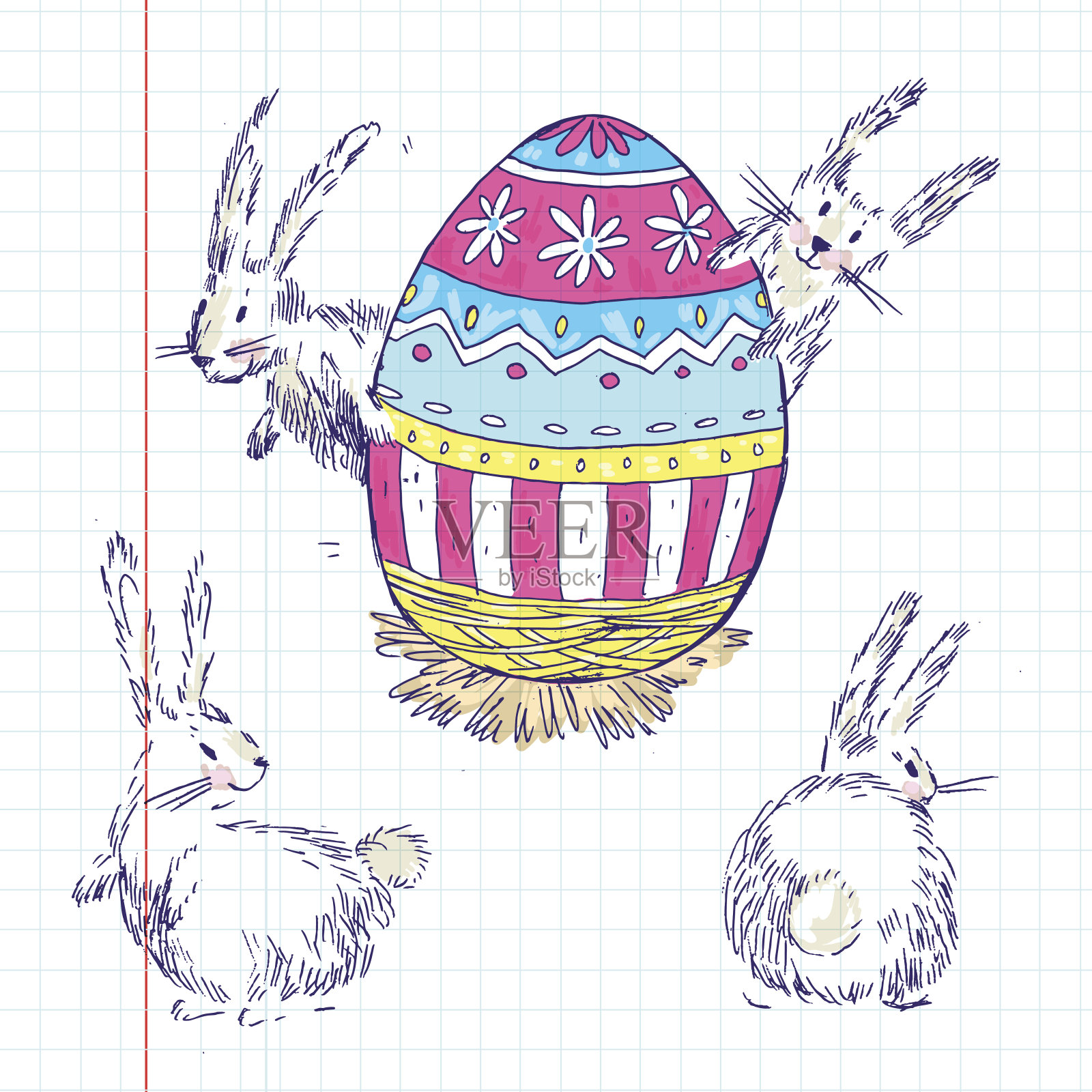 手绘矢量快乐复活节集与大装饰蛋和切割插画图片素材