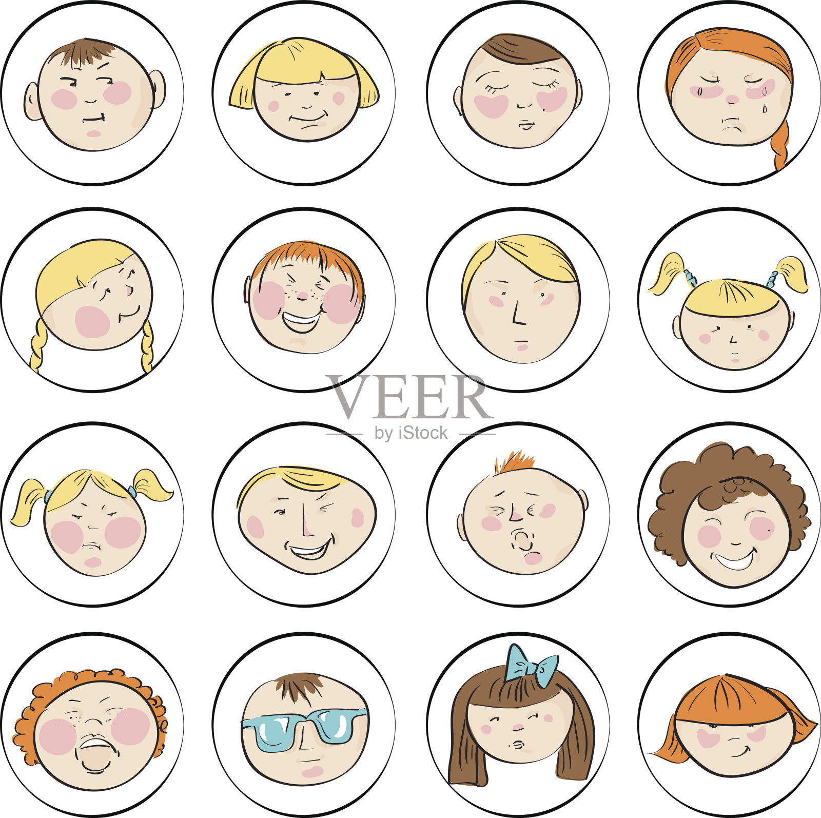 向量可爱的儿童面孔设置插画图片素材