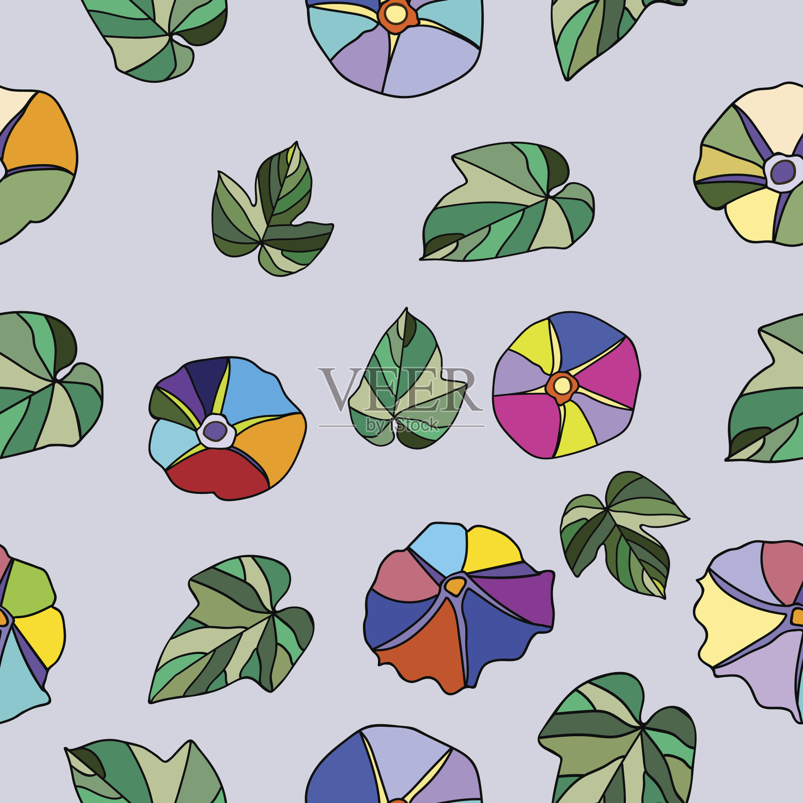 无缝的花图案在淡紫色的背景与美丽的花和叶插画图片素材