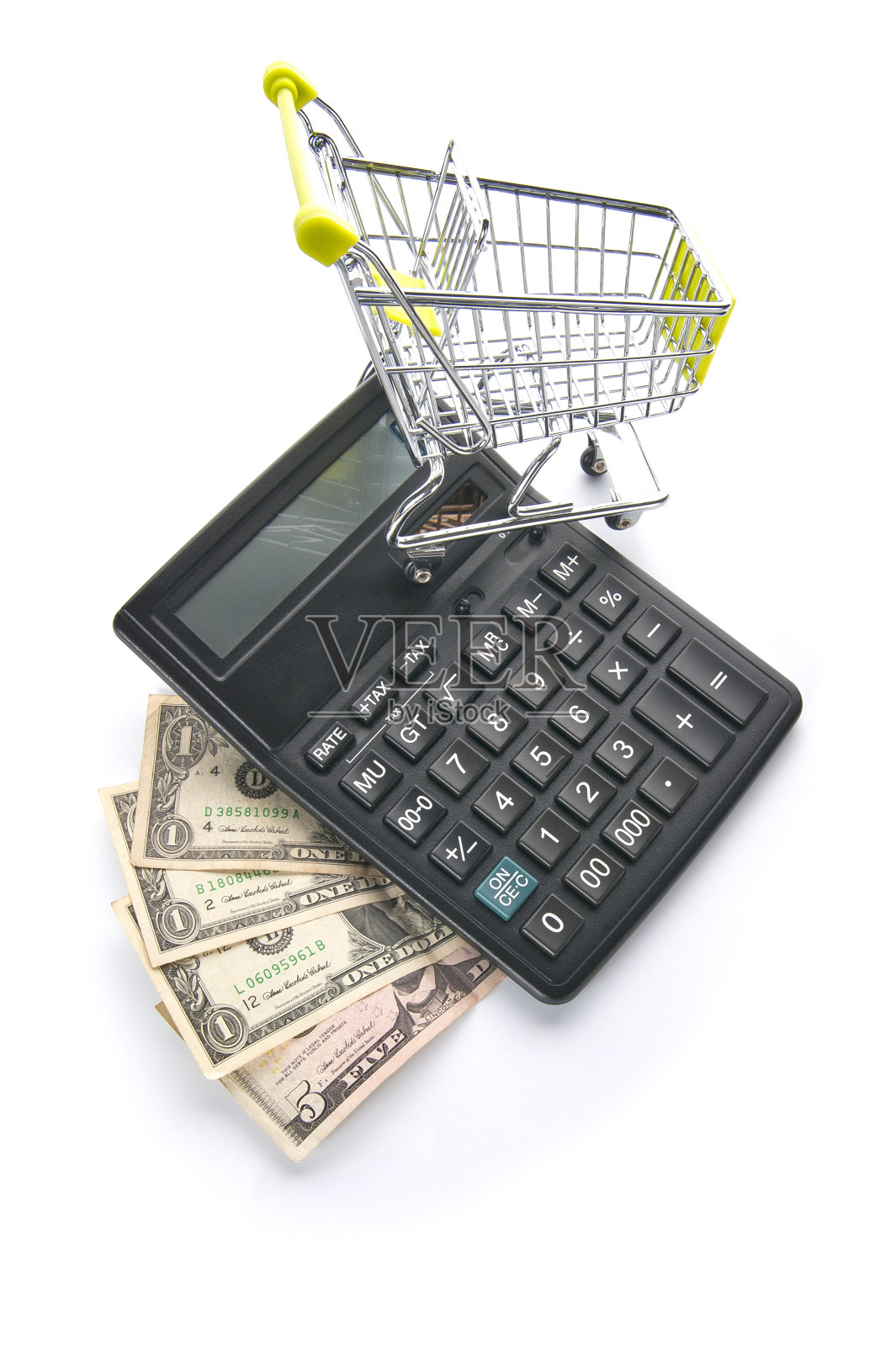 美元，计算器和购物车。照片摄影图片
