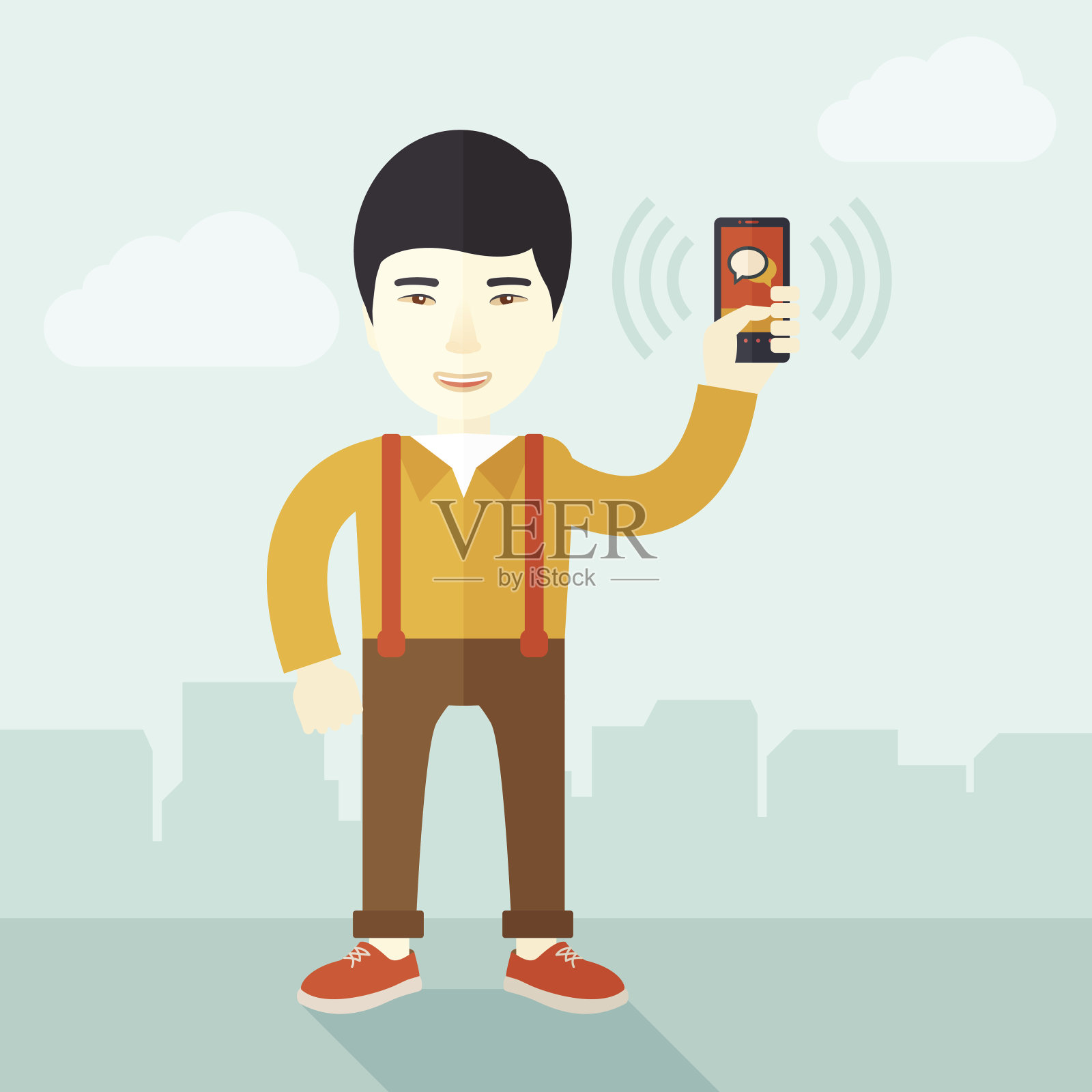 日本办公室职员和他的智能手机插画图片素材