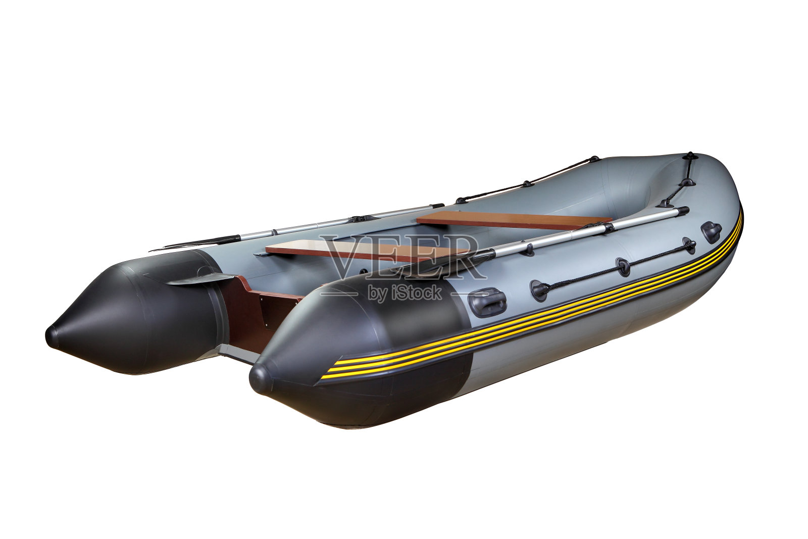 灰色的小艇，有桨，孤立在白色的背景，没有人。照片摄影图片