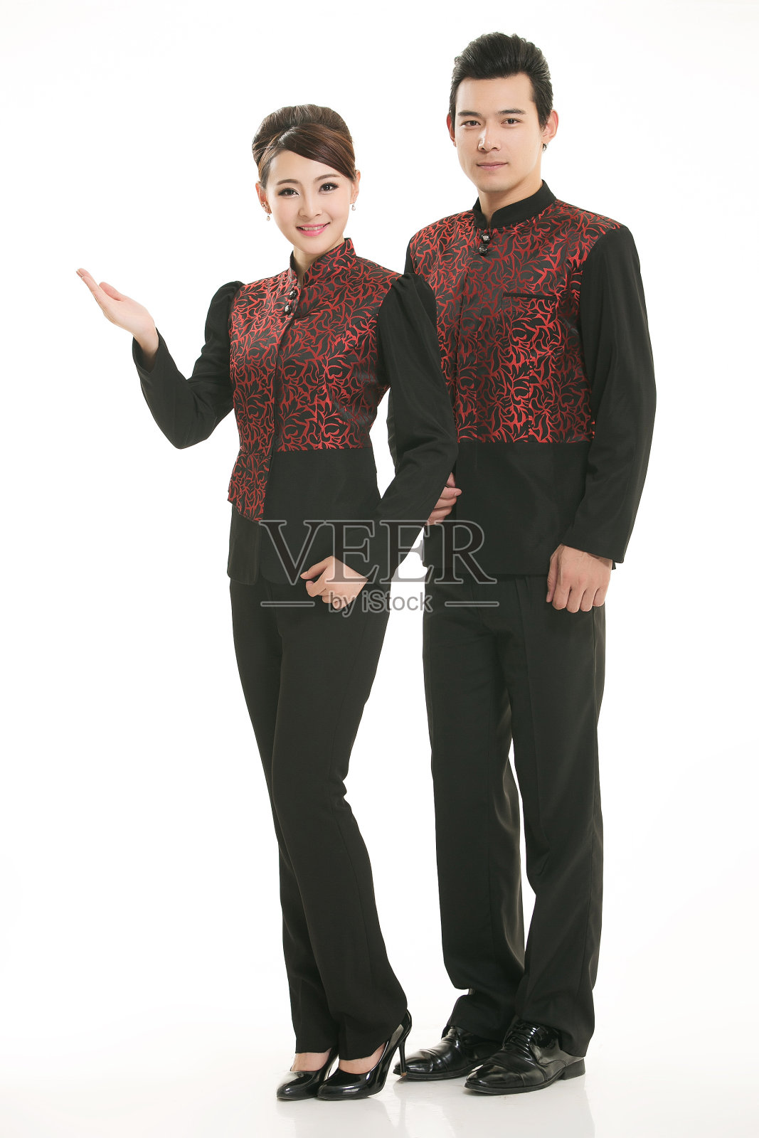 穿着服装职业中国服务员在白色的背景照片摄影图片