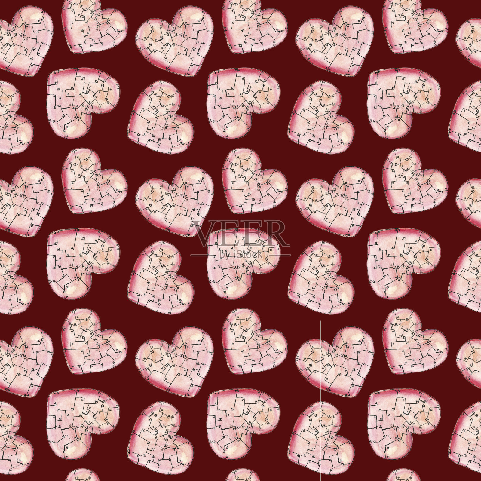 粉红色的心在深红色的背景上切成小块插画图片素材