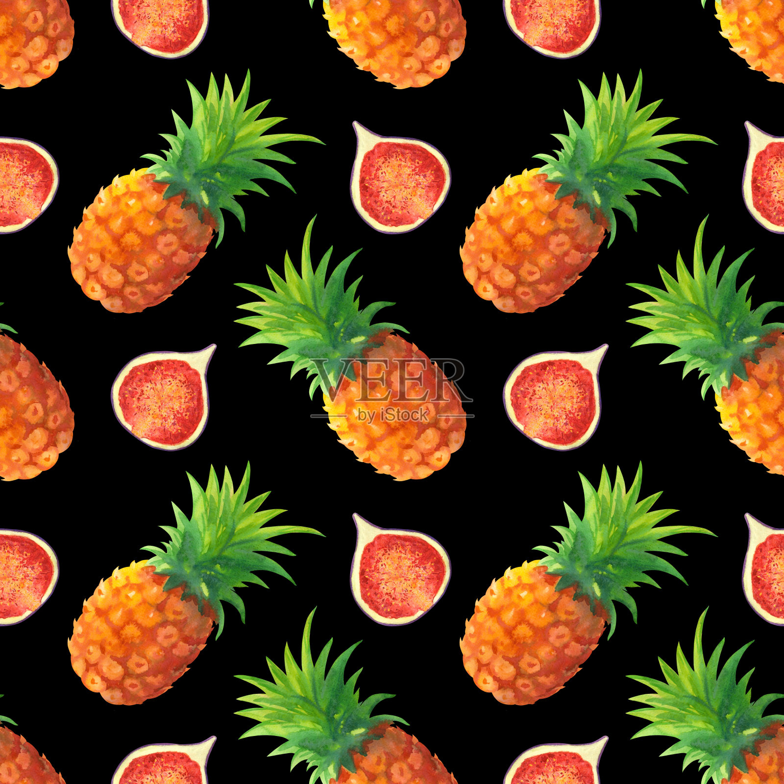 水彩无缝图案与水果插画图片素材