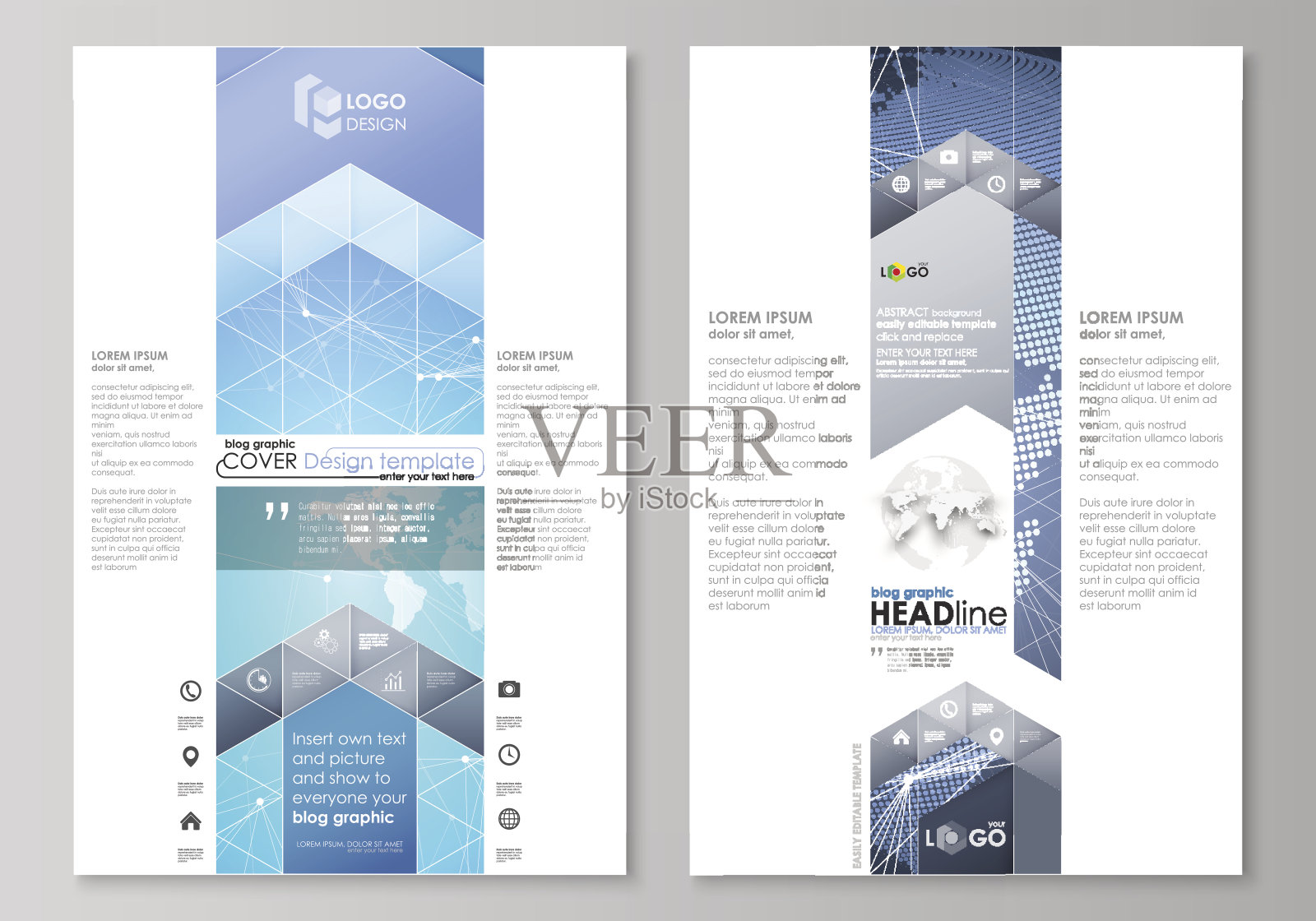 抽象的极简矢量插图的可编辑布局的两个现代博客图形页面模型设计模板。抽象的全球设计。化学模式，分子结构设计模板素材