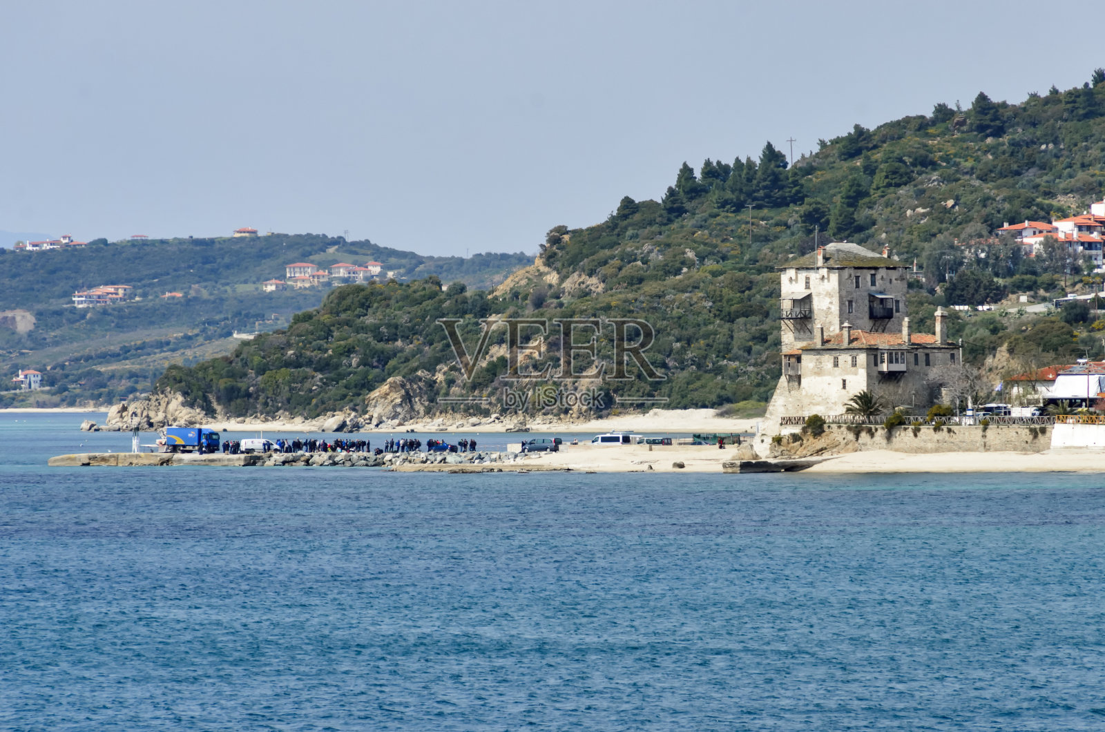 希腊查尔基迪基(Chalkidiki)阿索斯山(Mount Athos)修道院的入口照片摄影图片