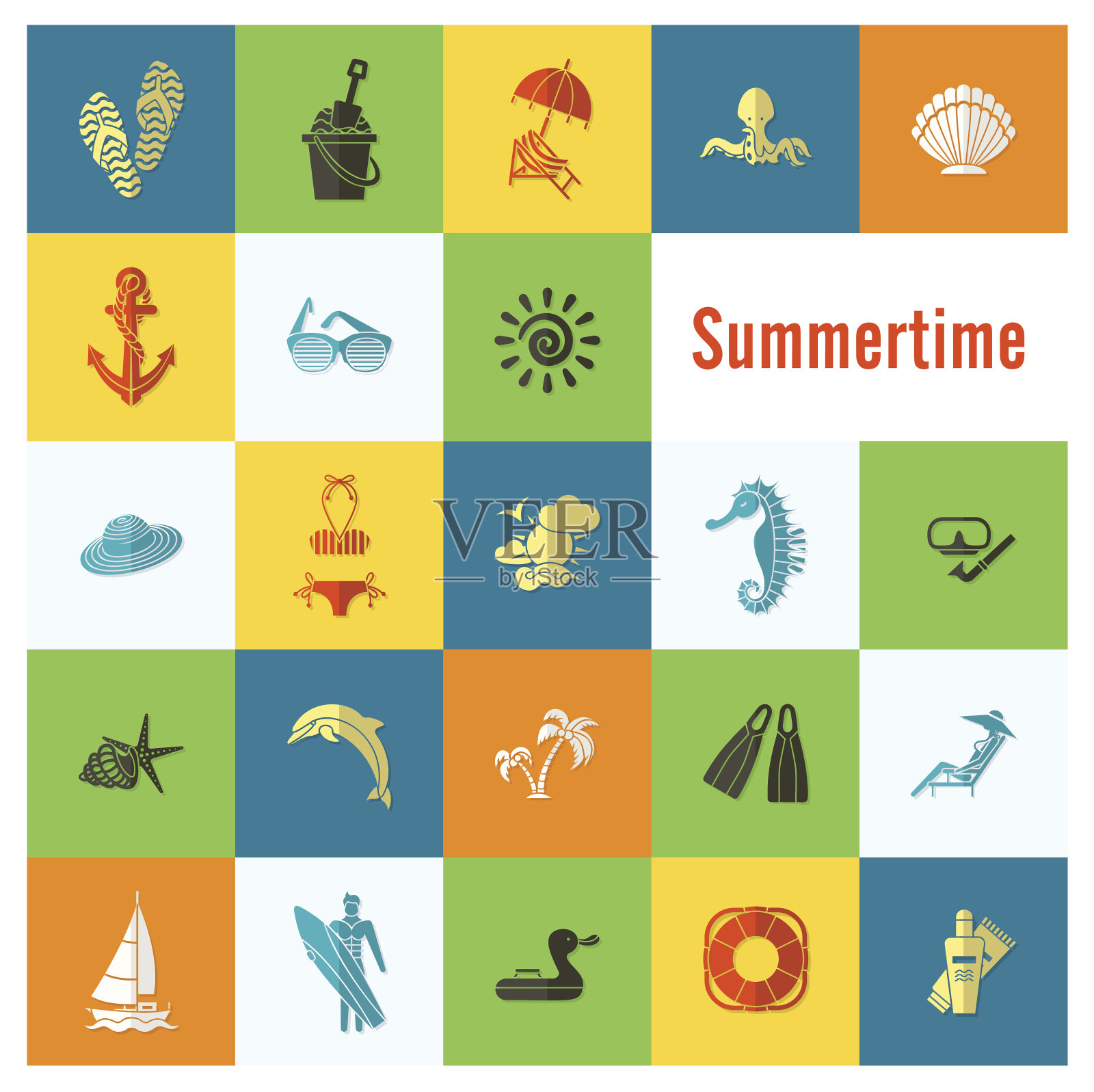 夏季和海滩简单的平面图标插画图片素材