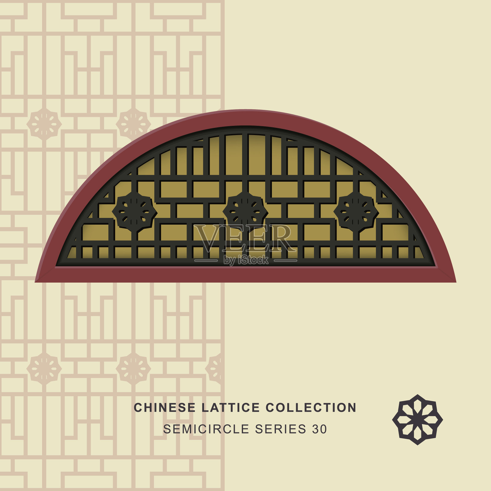 中式窗饰半圆框30星花插画图片素材