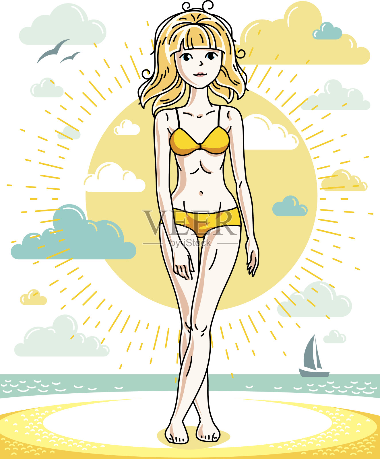 快乐年轻的金发女人在热带海滩和穿着泳衣摆姿势。矢量吸引女性插图。暑假生活方式主题卡通。插画图片素材