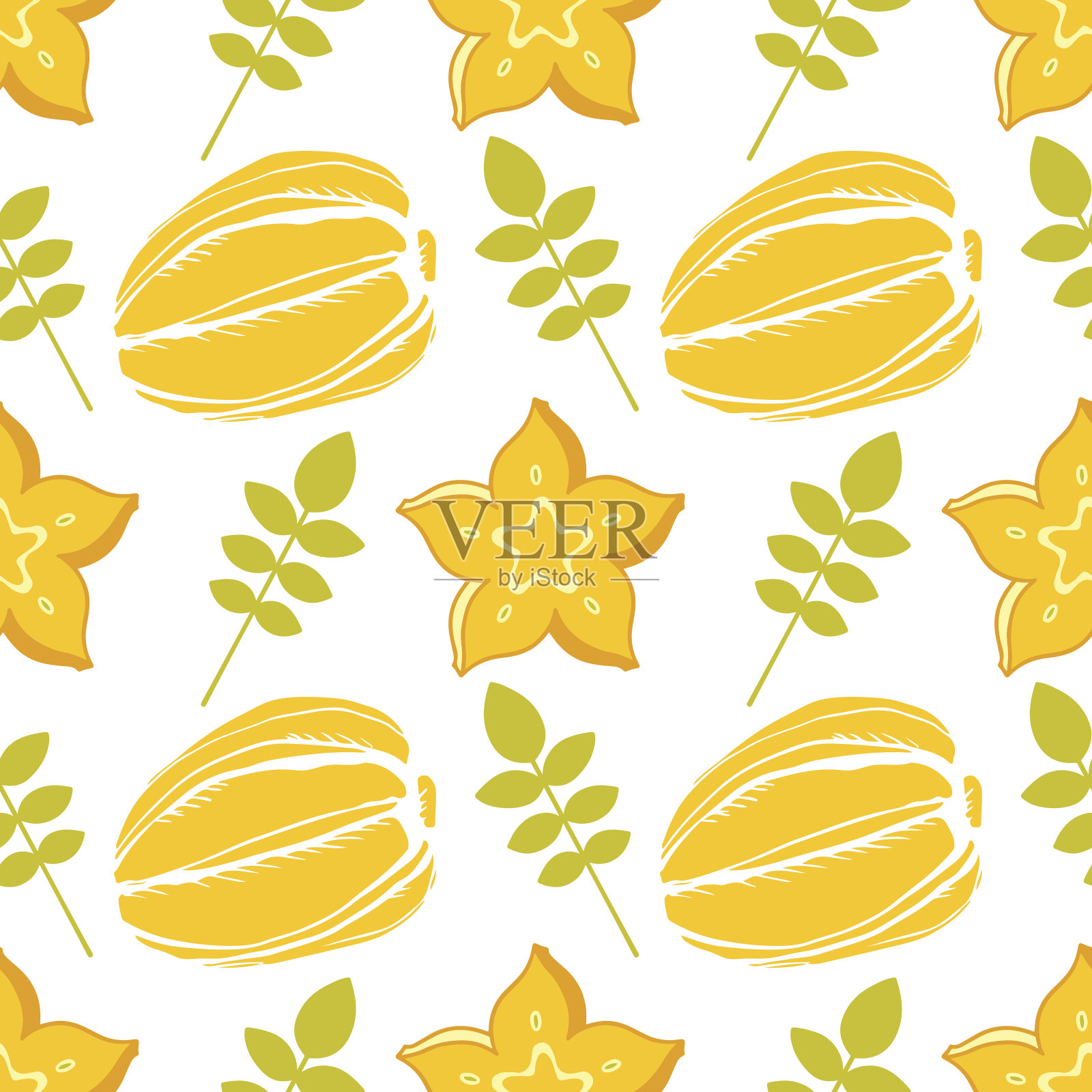 以杨桃、杨桃、叶为底的无缝图案插画图片素材