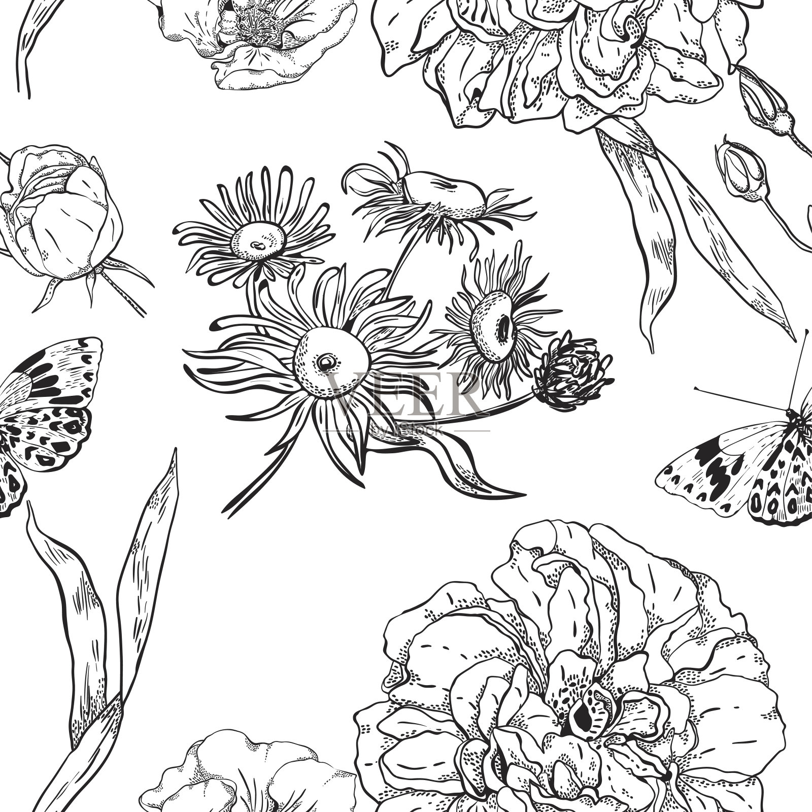 图案无缝搭配各种花和蝴蝶，单色插画图片素材