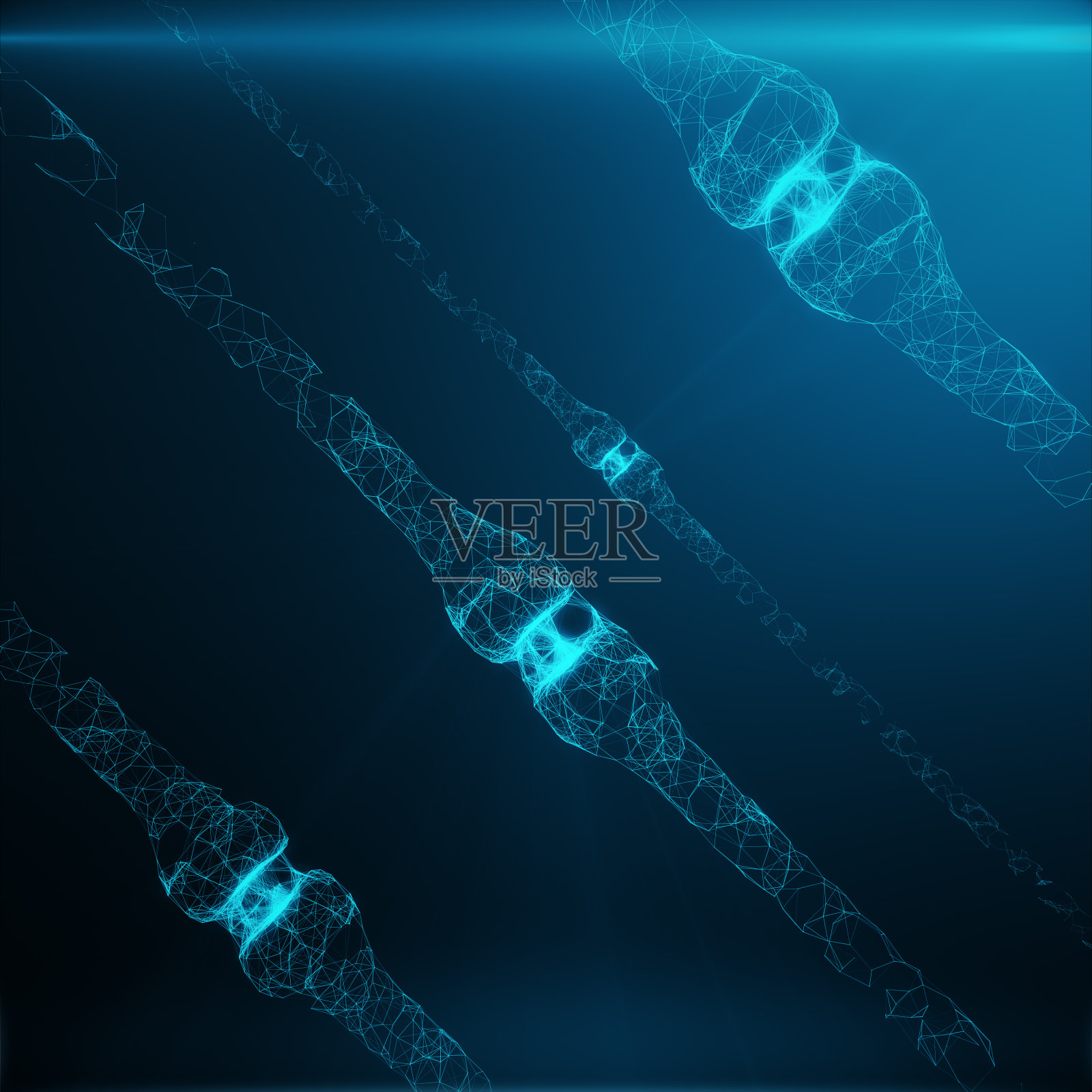 蓝色发光的突触。人工智能概念中的人工神经元。脉冲的突触传输线。抽象多边形空间的低多边形连接点和线，三维渲染照片摄影图片