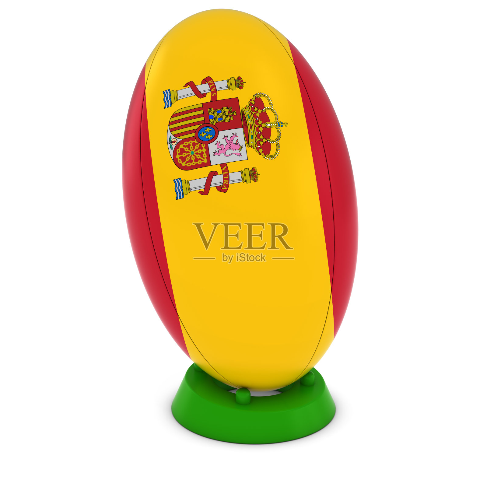 西班牙橄榄球-西班牙国旗立在英式橄榄球上照片摄影图片