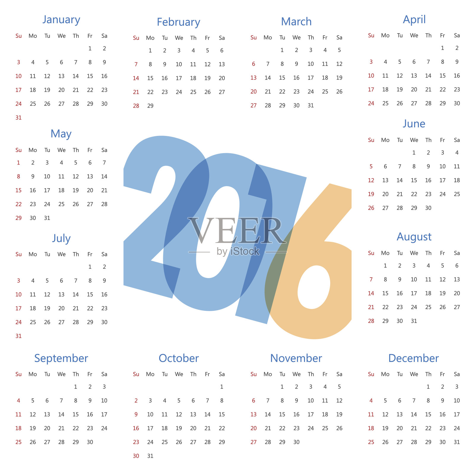 2016现代日历模板。矢量/插图。设计模板素材