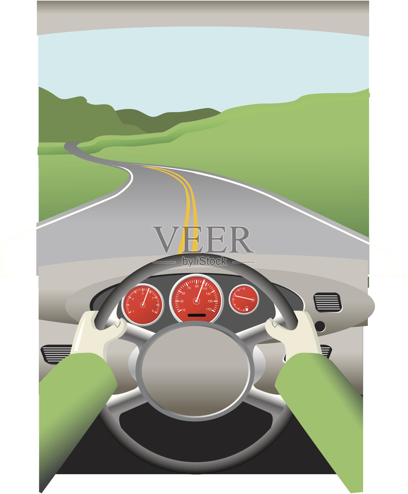 一个人在蜿蜒的道路上驾驶汽车的图画插画图片素材