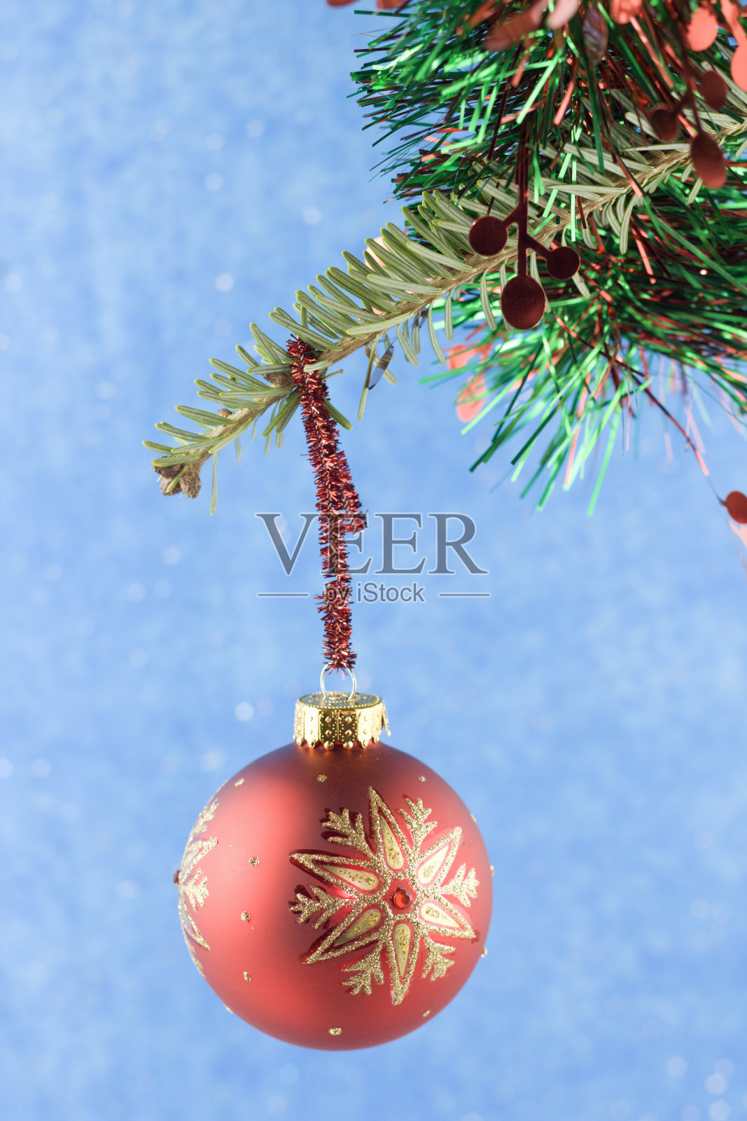 红雪花小装饰品挂冷杉枝照片摄影图片