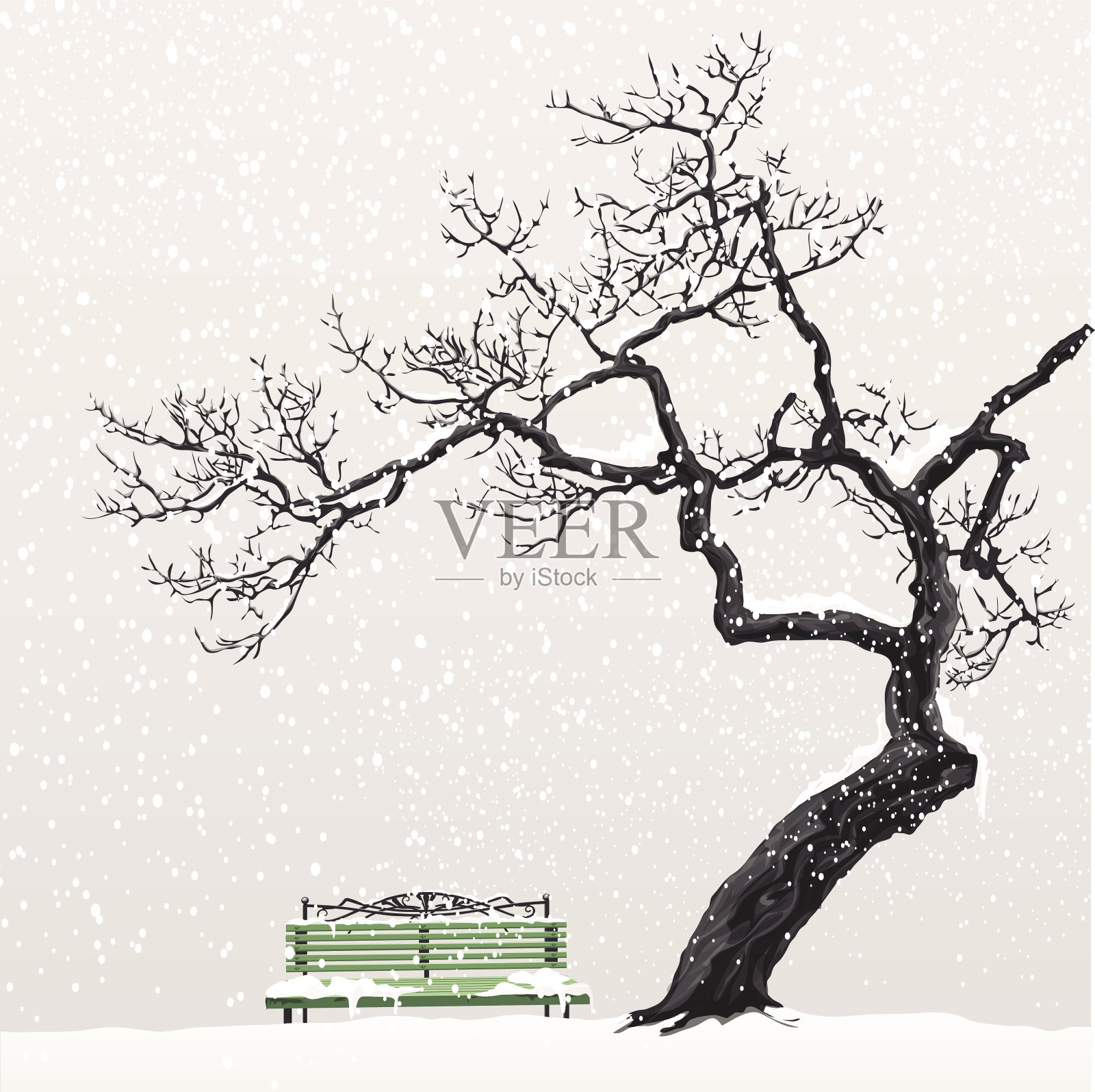 有树和长凳的冬季景观插画图片素材