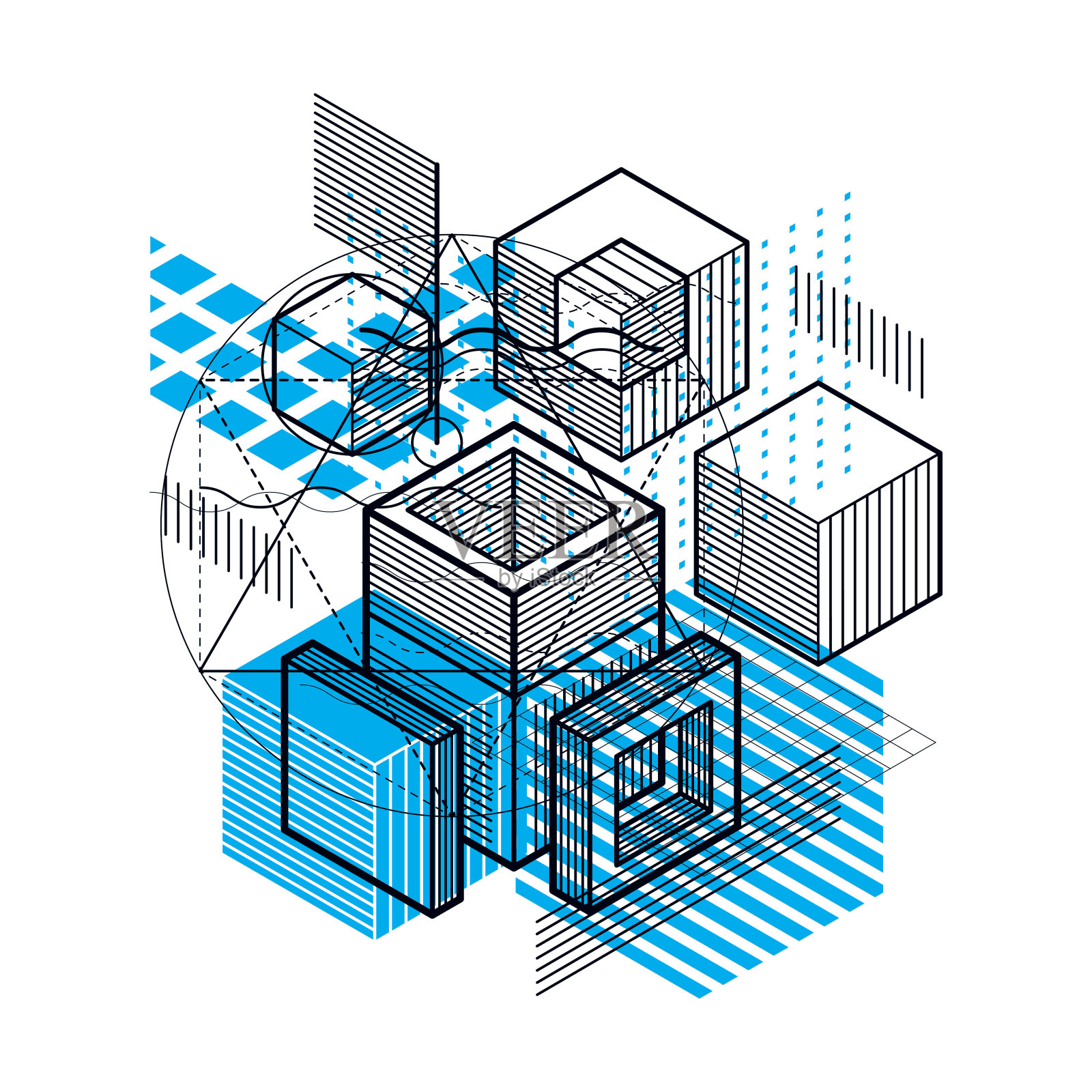 等距线性抽象矢量背景，线条抽象。立方体，六边形，正方形，矩形和不同的抽象元素。插画图片素材