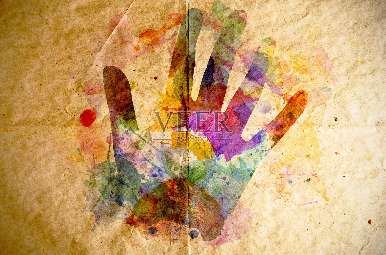 水彩手印，旧纸背景照片摄影图片