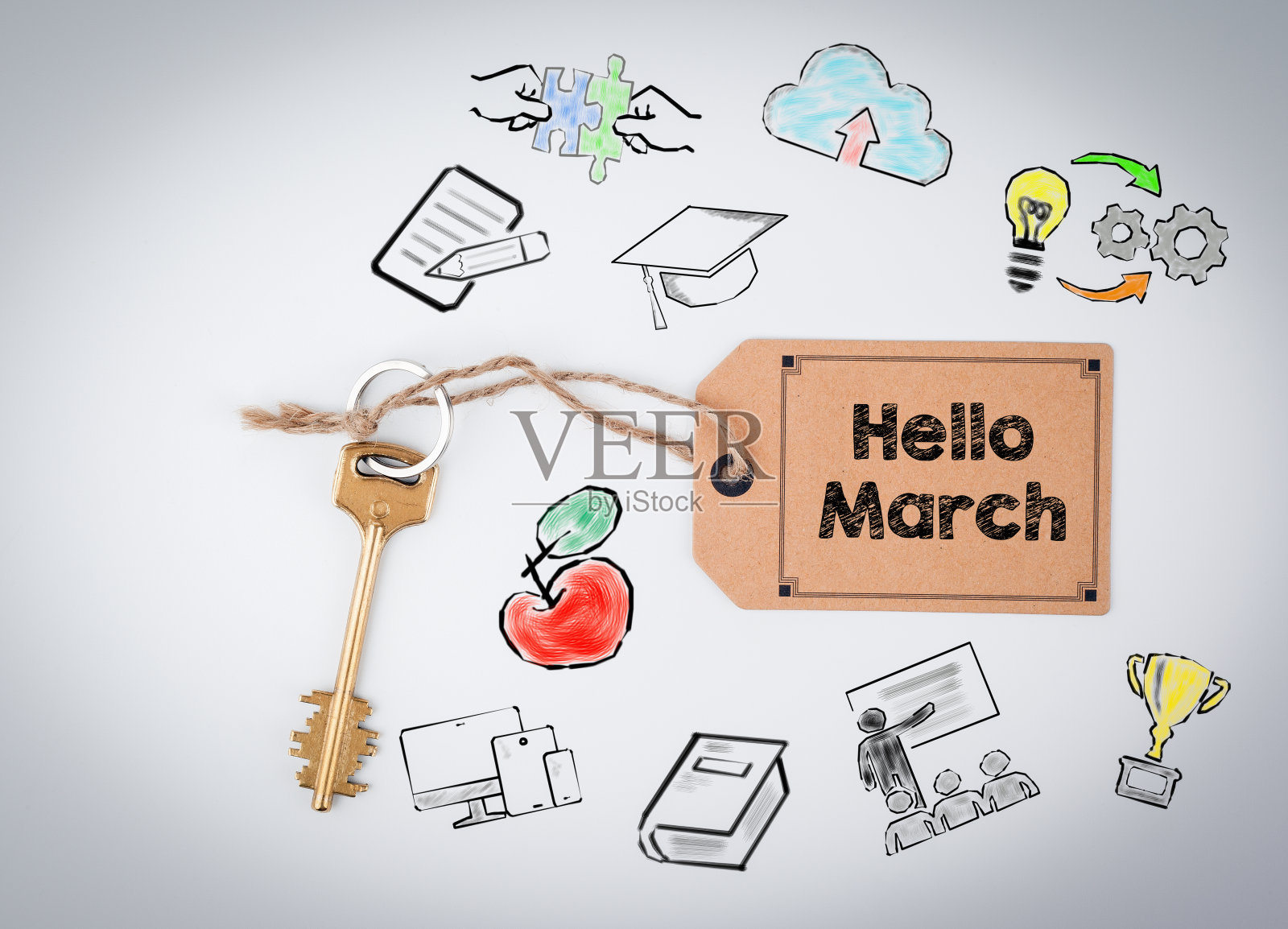 你好,3月。白色背景上的钥匙和音符插画图片素材