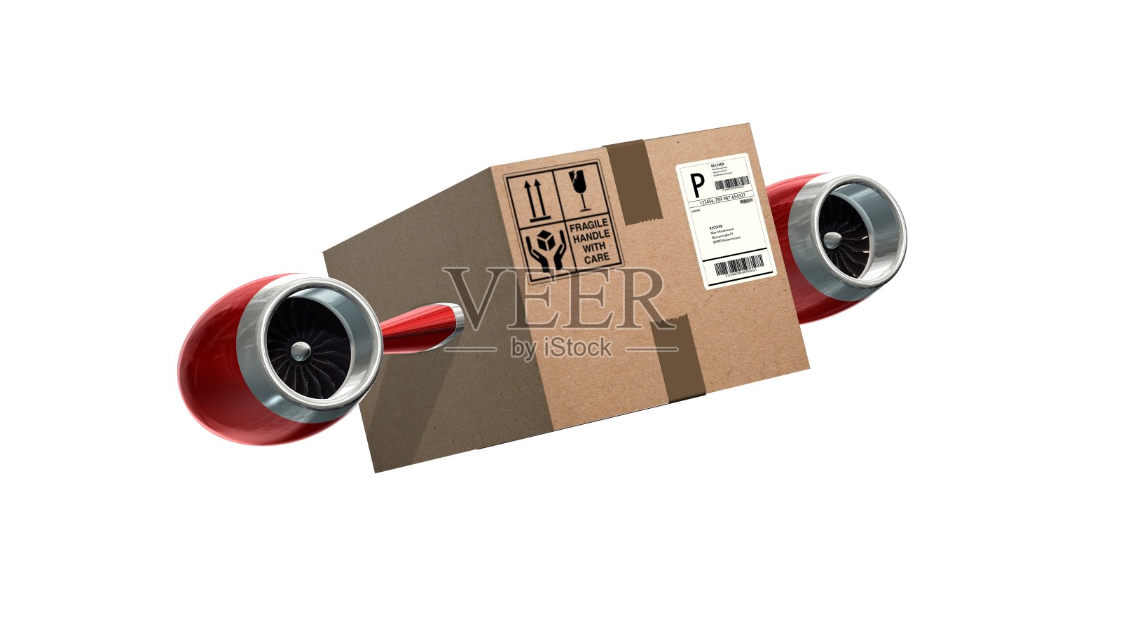 快速的货物交付概念-运输与飞机涡轮纸箱隔离在白色插画图片素材