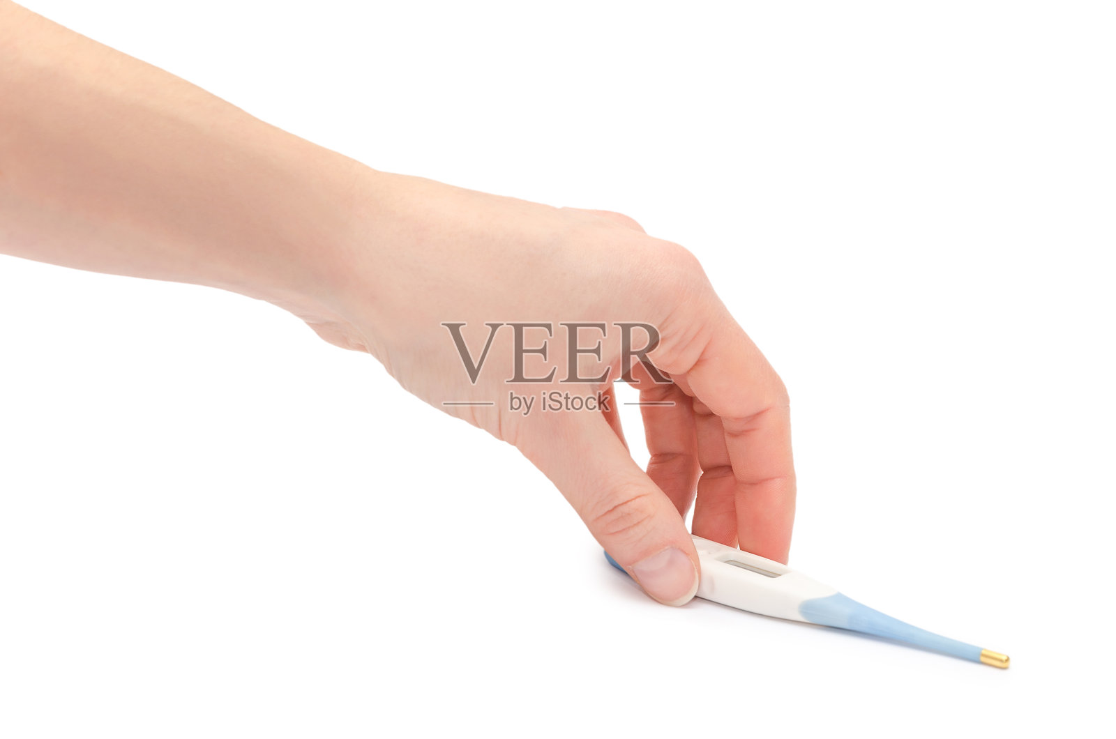 年轻女孩的手拿着温度计。照片摄影图片