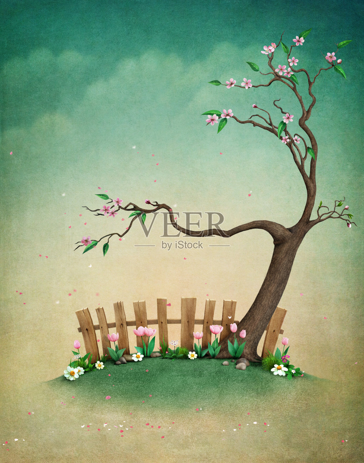 柔和的背景与树和篱笆。插画图片素材