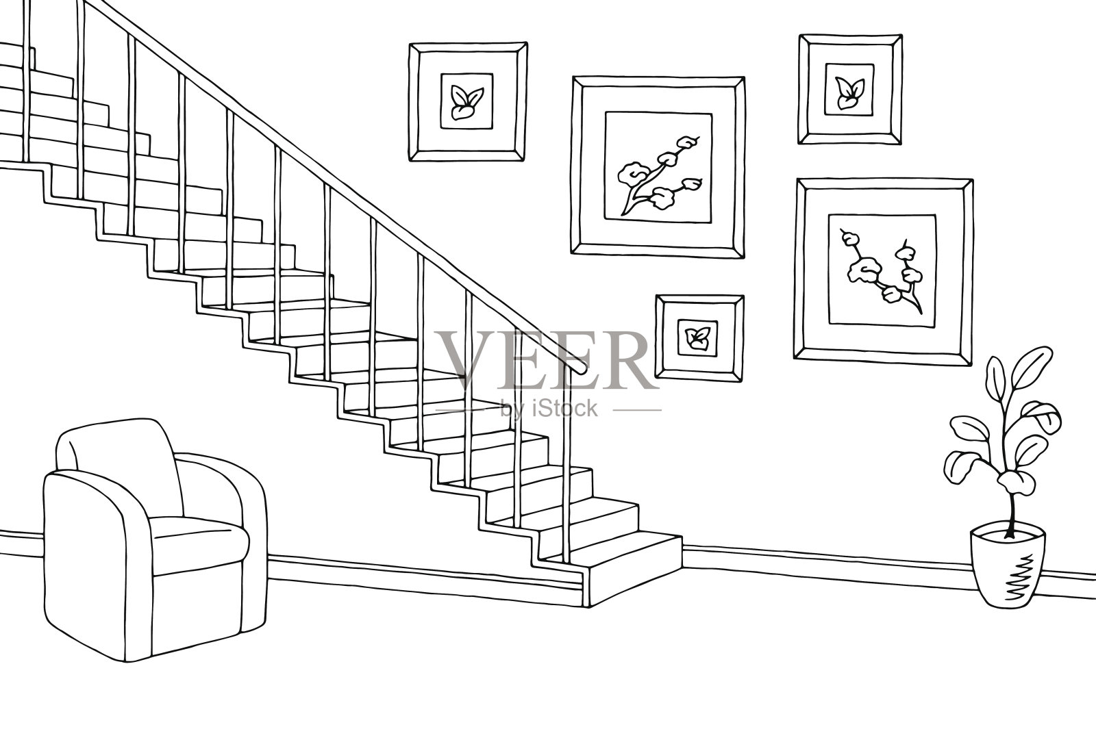 走廊图形楼梯黑色白色室内草图插图矢量插画图片素材