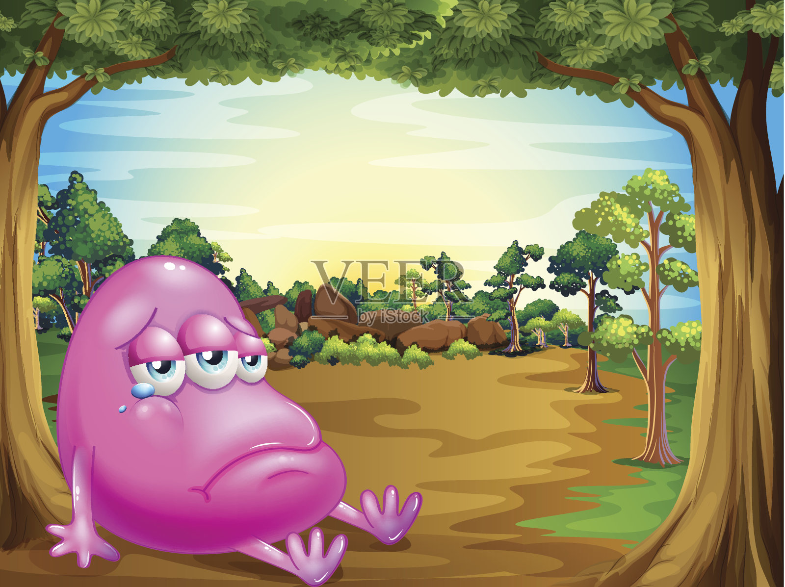 森林和一个悲伤的胖豆豆怪物插画图片素材