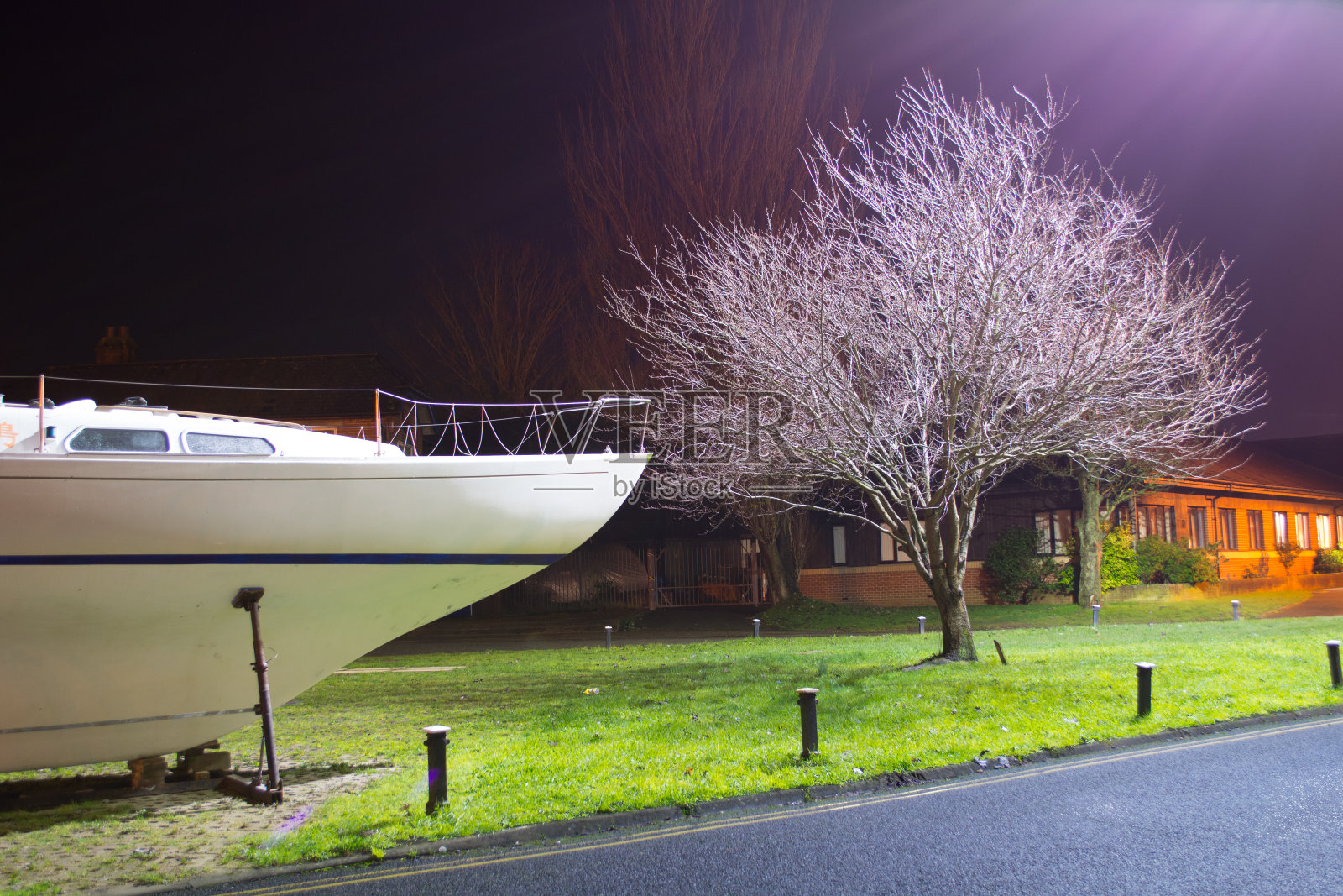 游艇和树在夜晚照片摄影图片