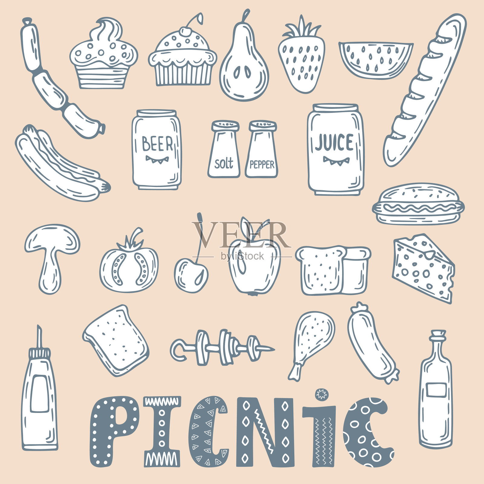 收集各种素描、食物和涂鸦元素。插画图片素材