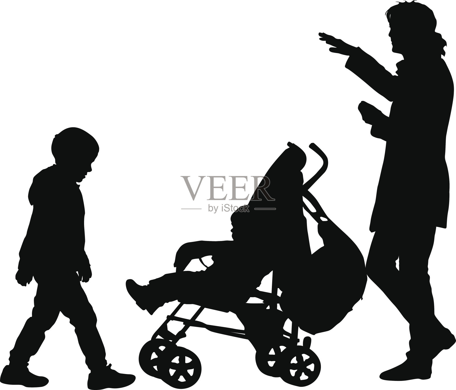 黑色剪影家庭与婴儿车在白色的背景。矢量图插画图片素材