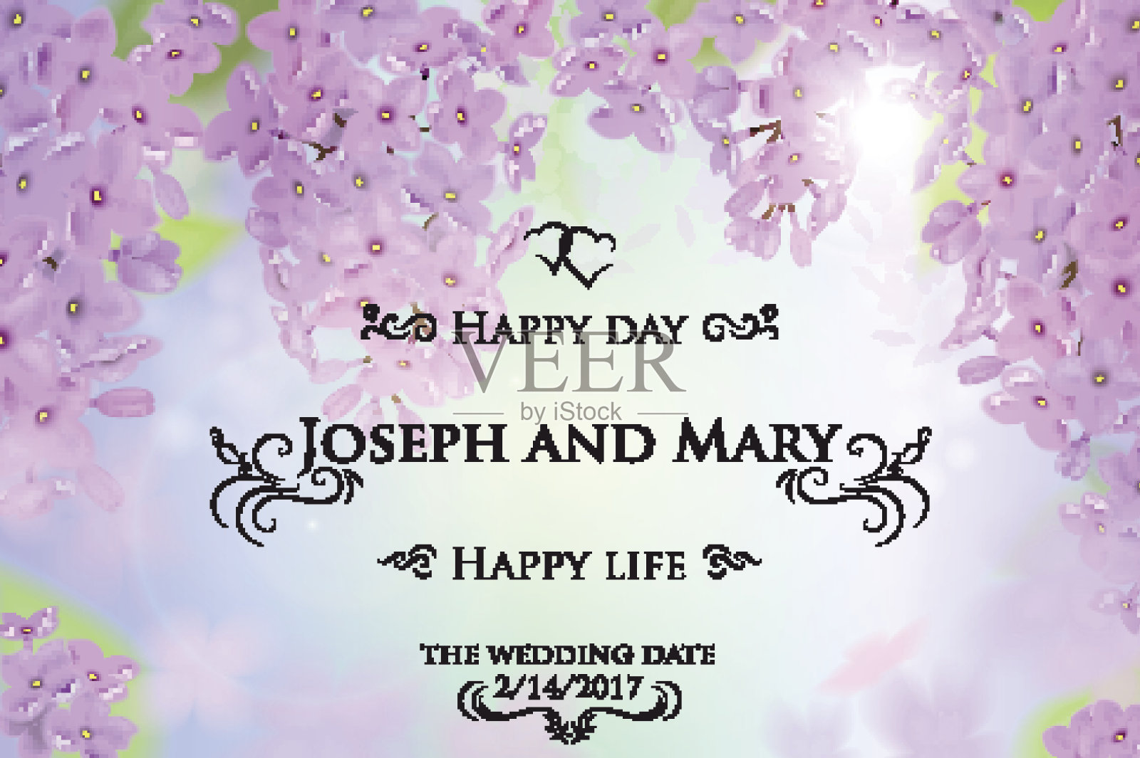 贺卡配以丁香，可作为婚礼、生日等节假日及夏季、春季背景的请帖。矢量图设计模板素材