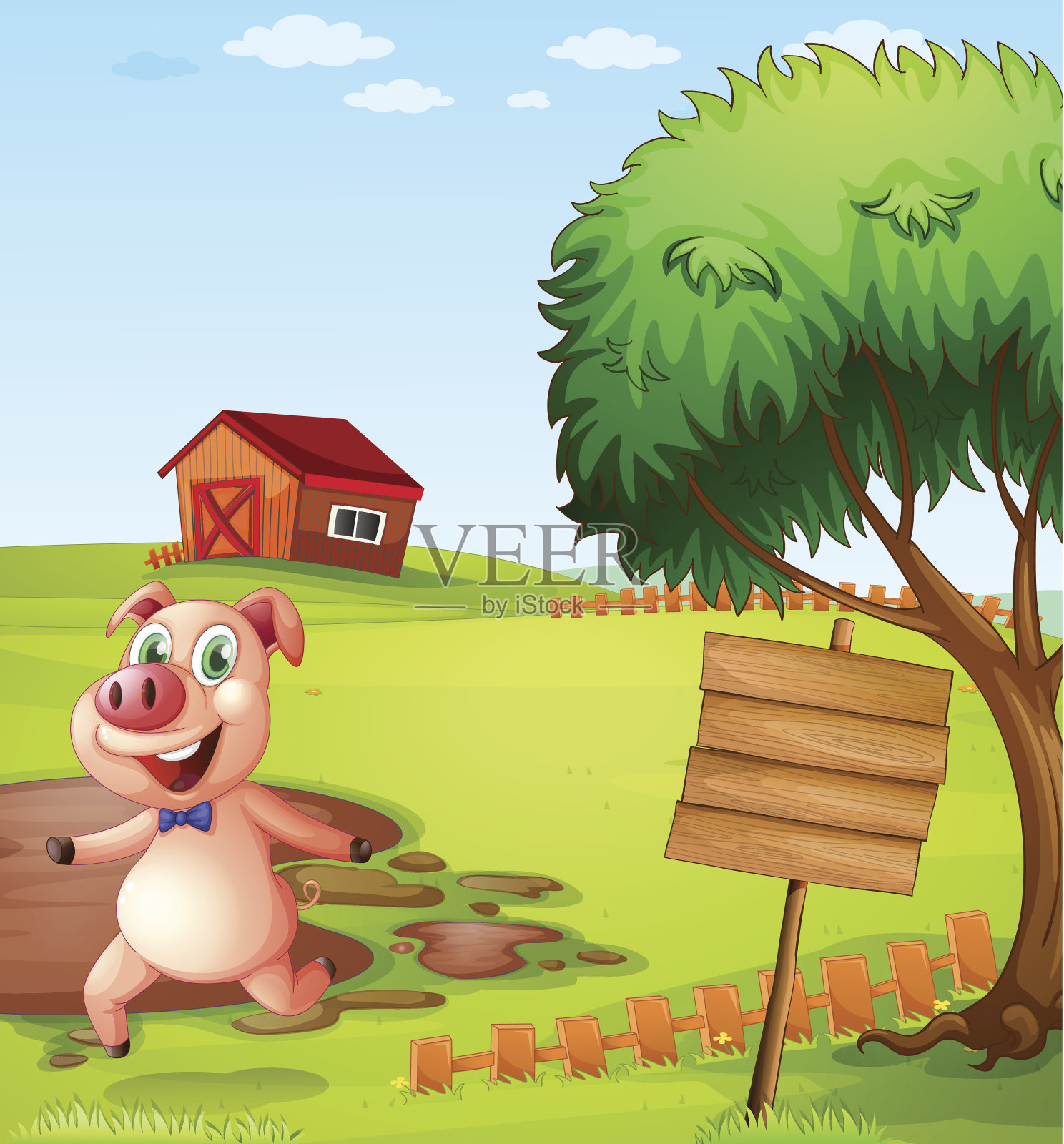 猪在农场附近的空招牌插画图片素材