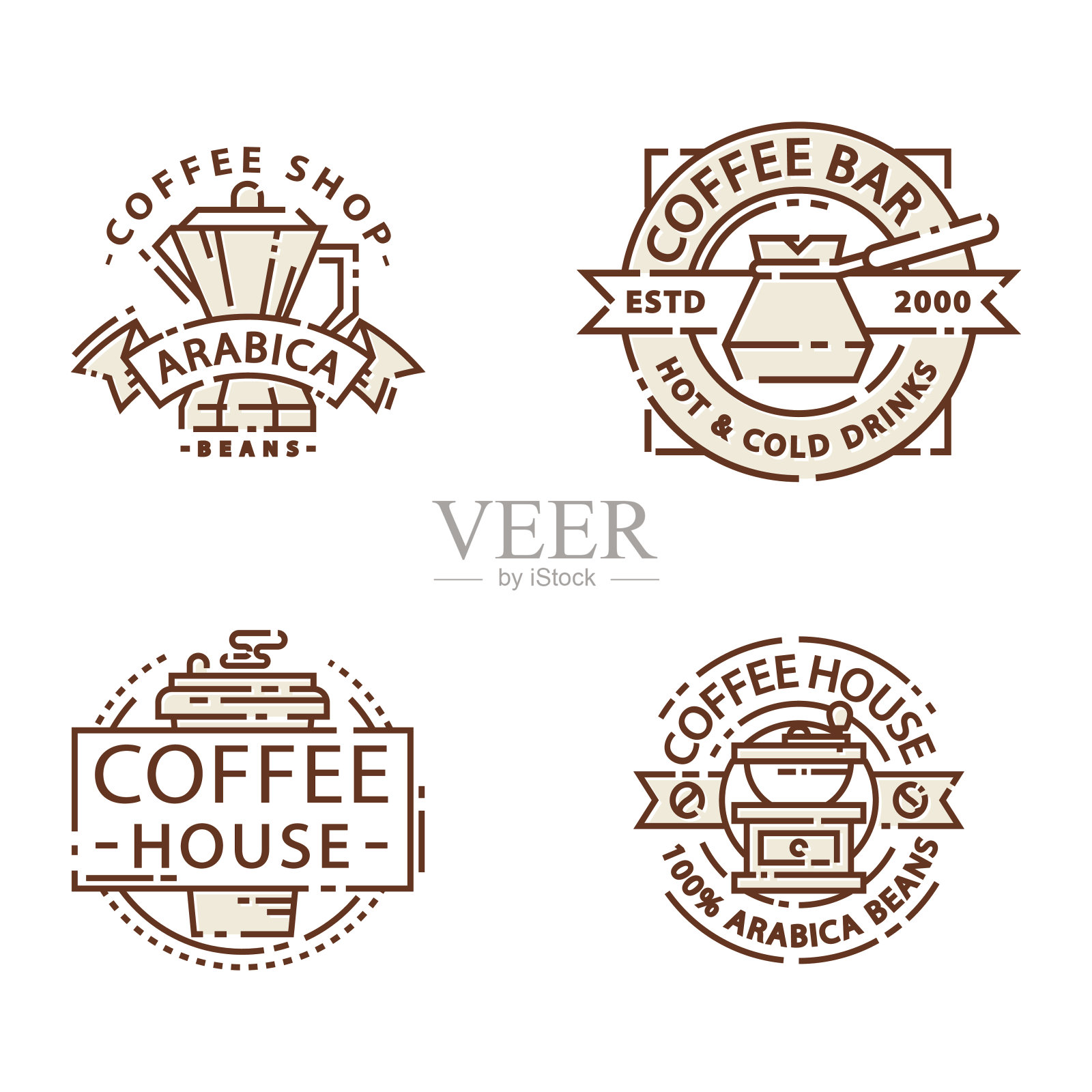 咖啡标识食品细线刻字为餐厅、咖啡馆菜单和咖啡店贴纸矢量插画图片素材