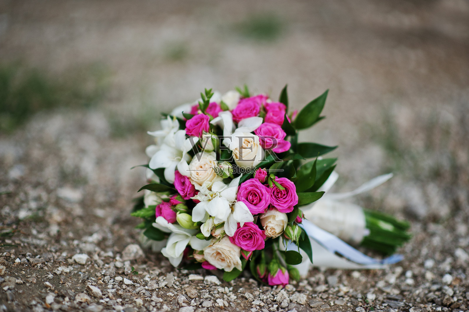 温柔的婚礼花束与小的白色和玫瑰玫瑰。照片摄影图片