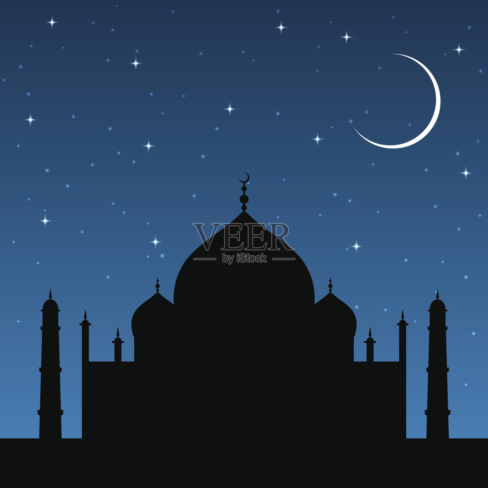 剪影清真寺日落与星星和夜空。伊斯兰教建筑插画图片素材