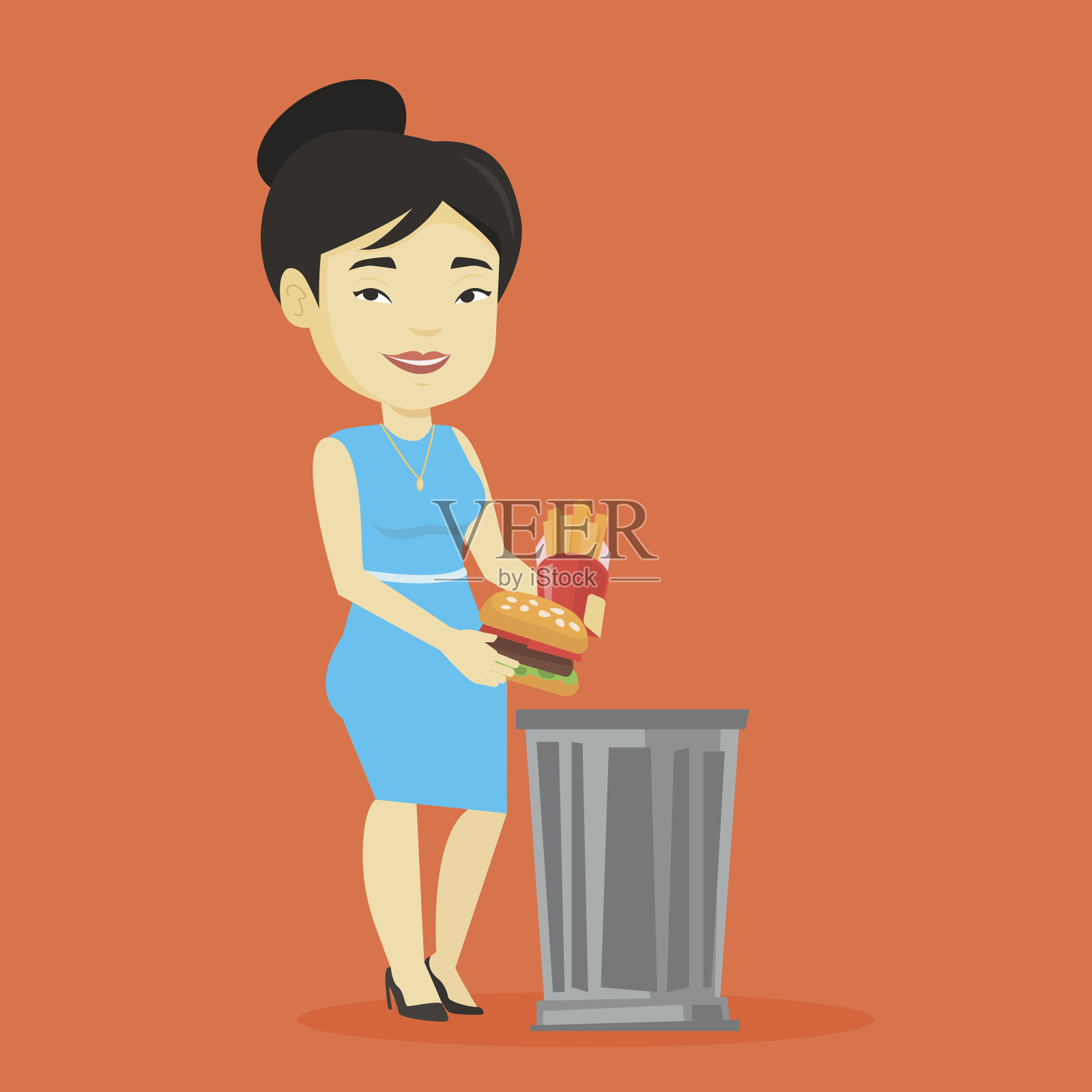 女人扔垃圾食品矢量插图设计元素图片