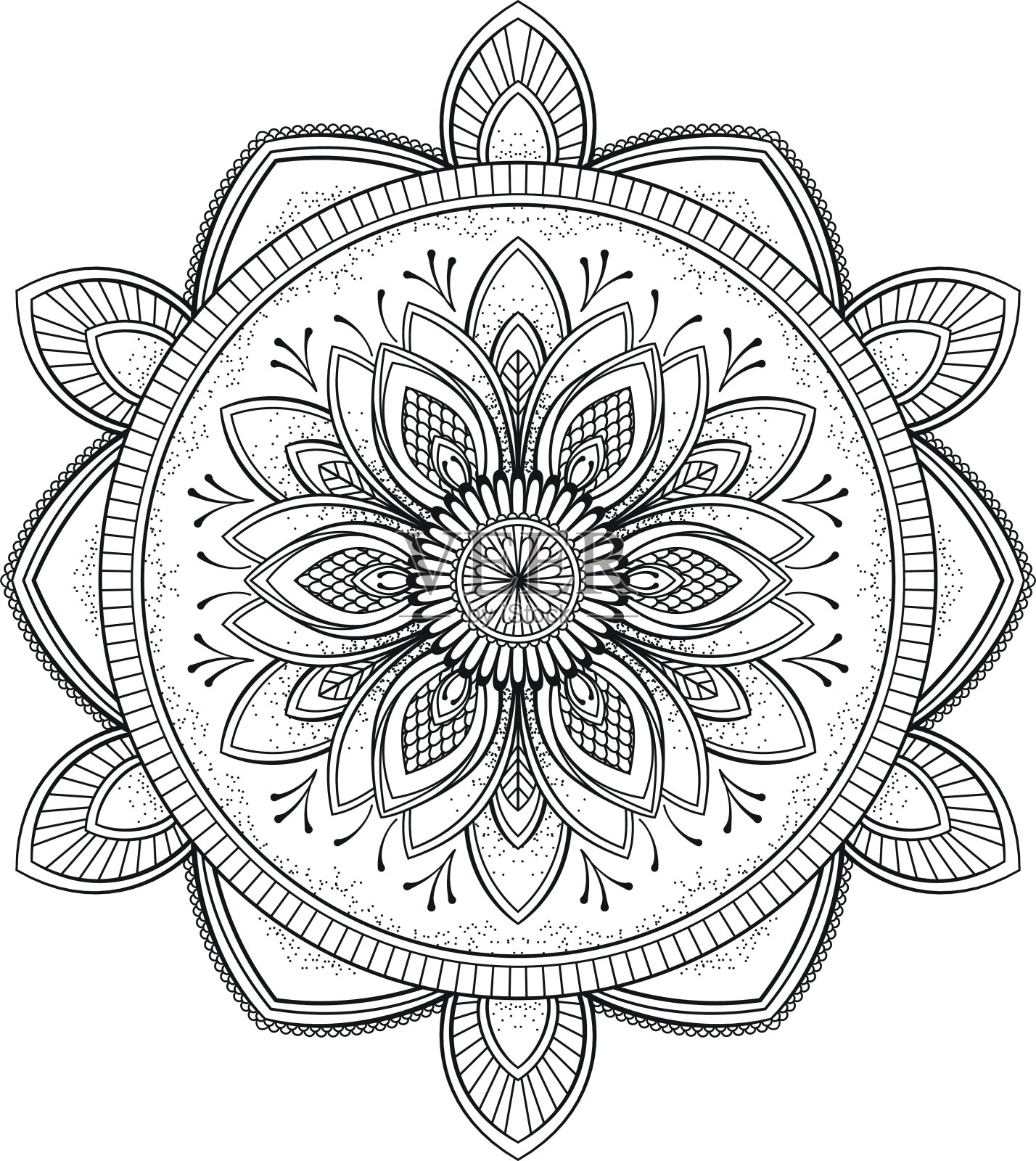 花黑色的曼荼罗。东方模式，矢量插图。伊斯兰教，阿拉伯语，印度奥斯曼帝国的主题。彩色书页面插画图片素材