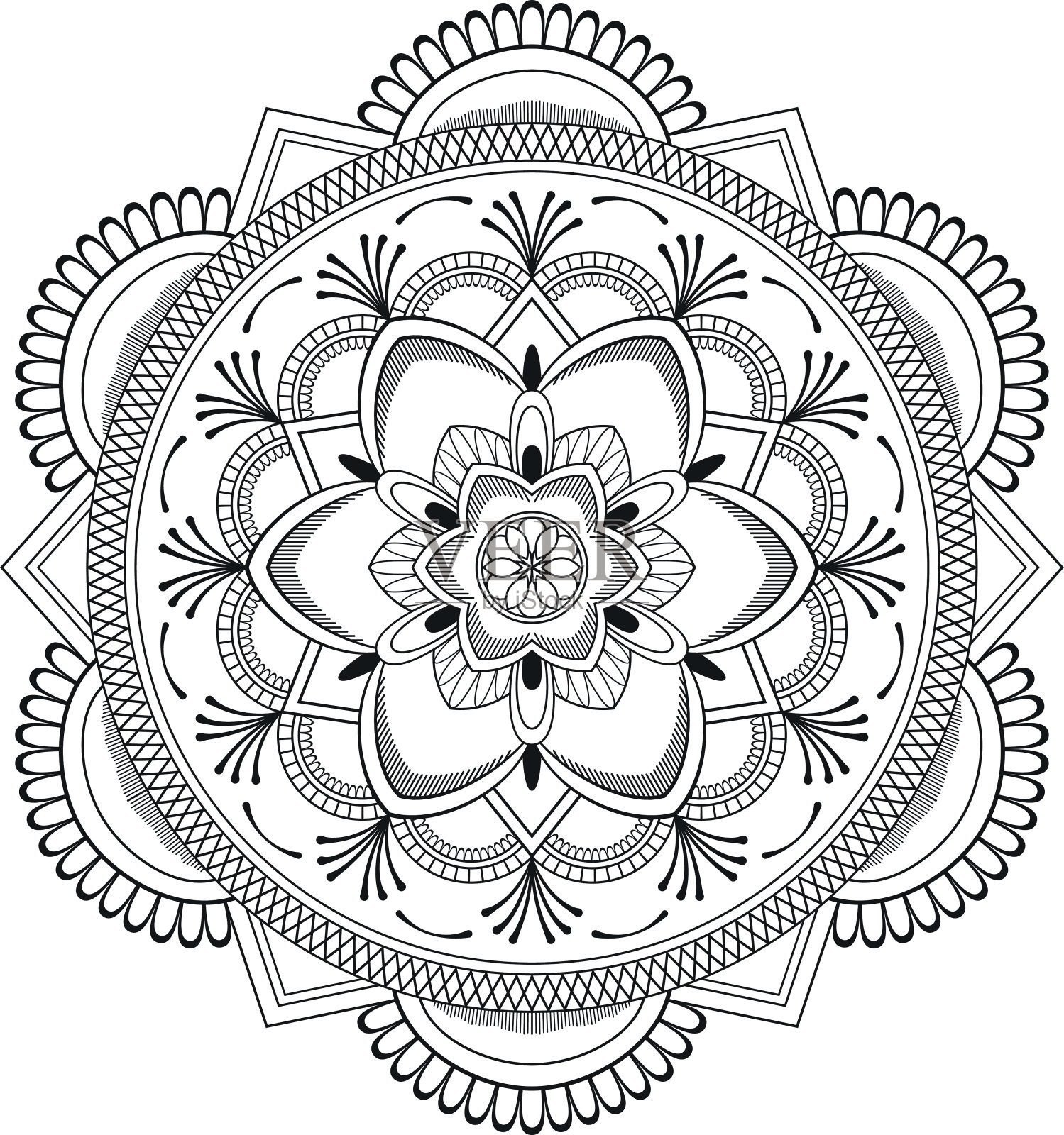 花黑色的曼荼罗。东方模式，矢量插图。伊斯兰教，阿拉伯语，印度奥斯曼帝国的主题。彩色书页面插画图片素材