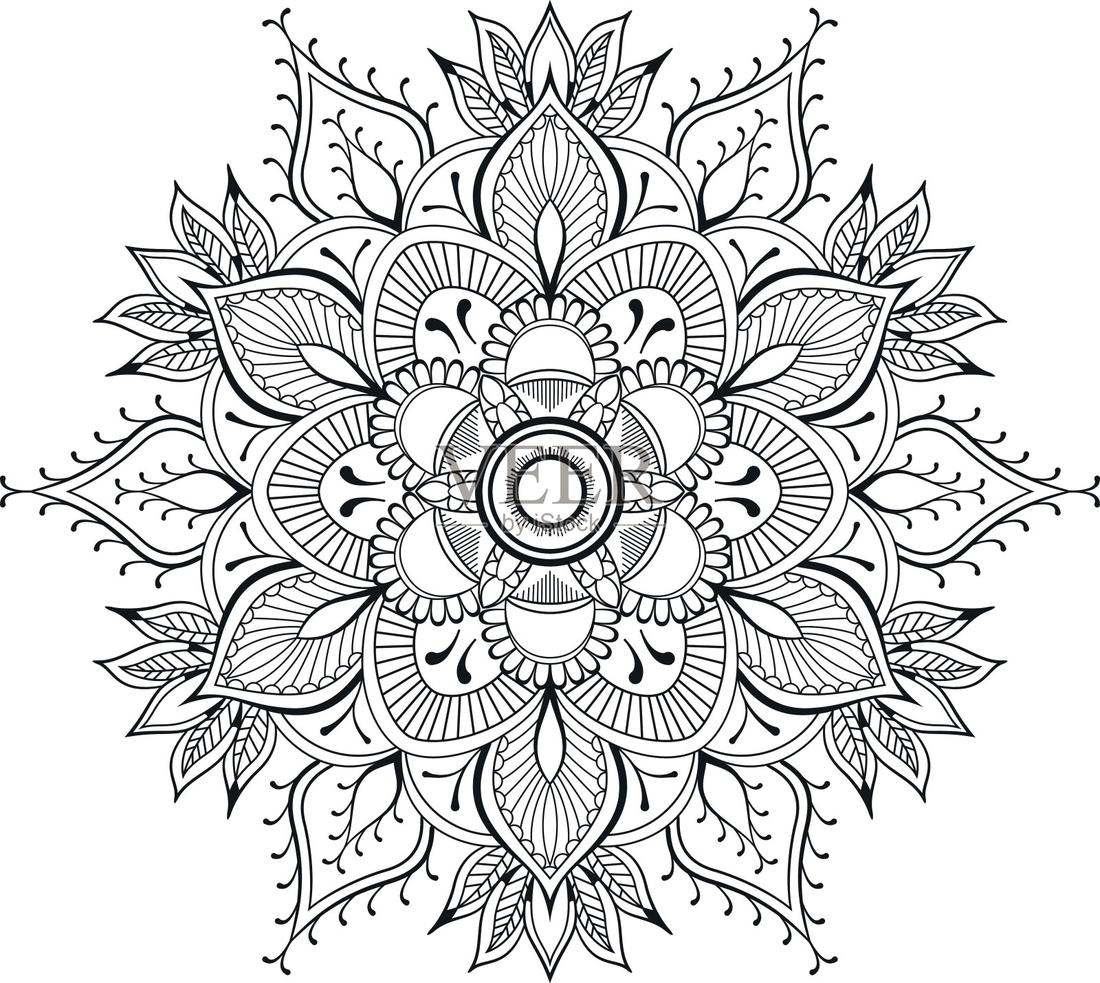 花黑色的曼荼罗。东方模式，矢量插图。伊斯兰教，阿拉伯语，印度奥斯曼帝国的主题。彩色书页面插画图片素材