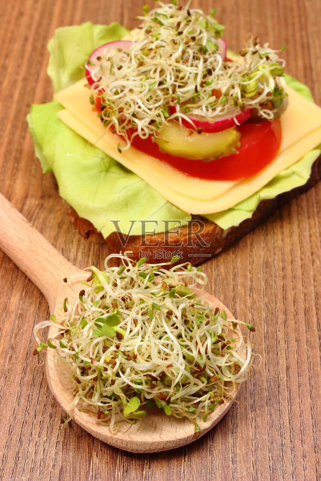 紫花苜蓿和萝卜芽匙和素食三明治照片摄影图片