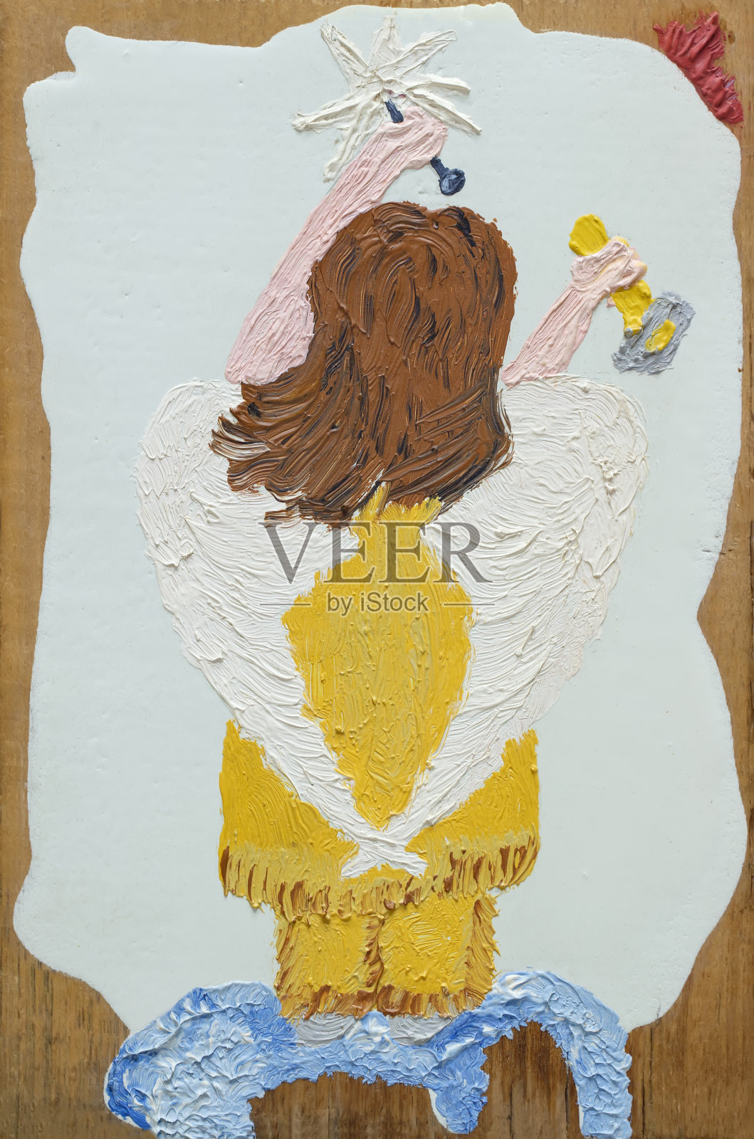 画在木头上的油画“天使与星星的天空”插画图片素材