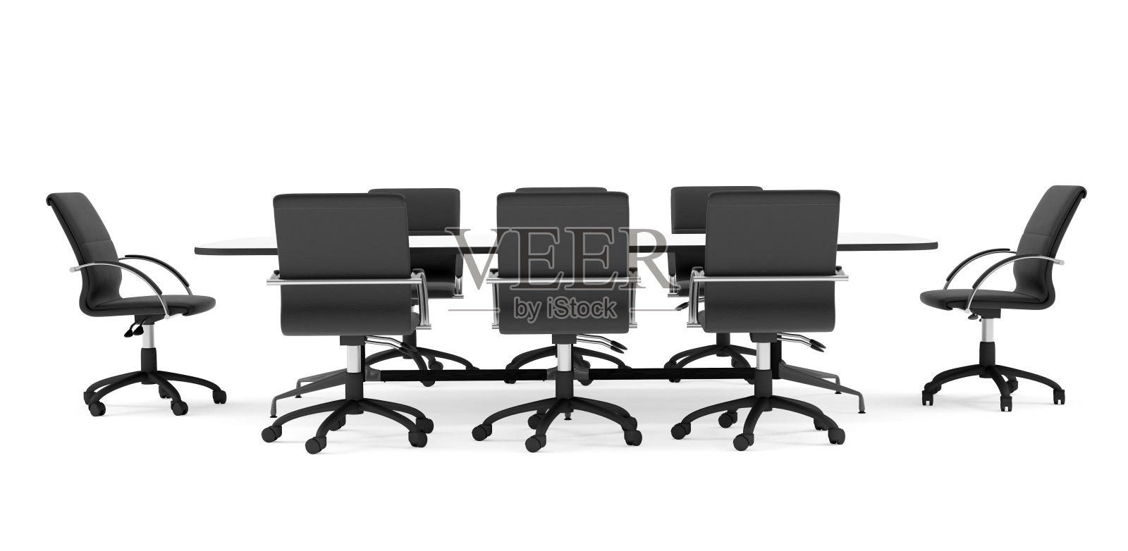 会议桌和黑色办公椅。前视图。孤立的照片摄影图片