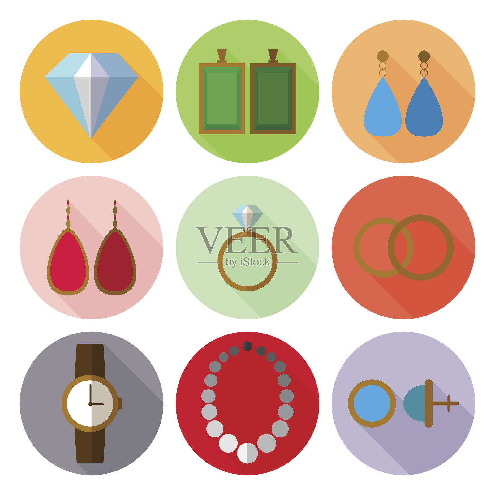 一套简单的珠宝图标平在颜色的圆圈插画图片素材