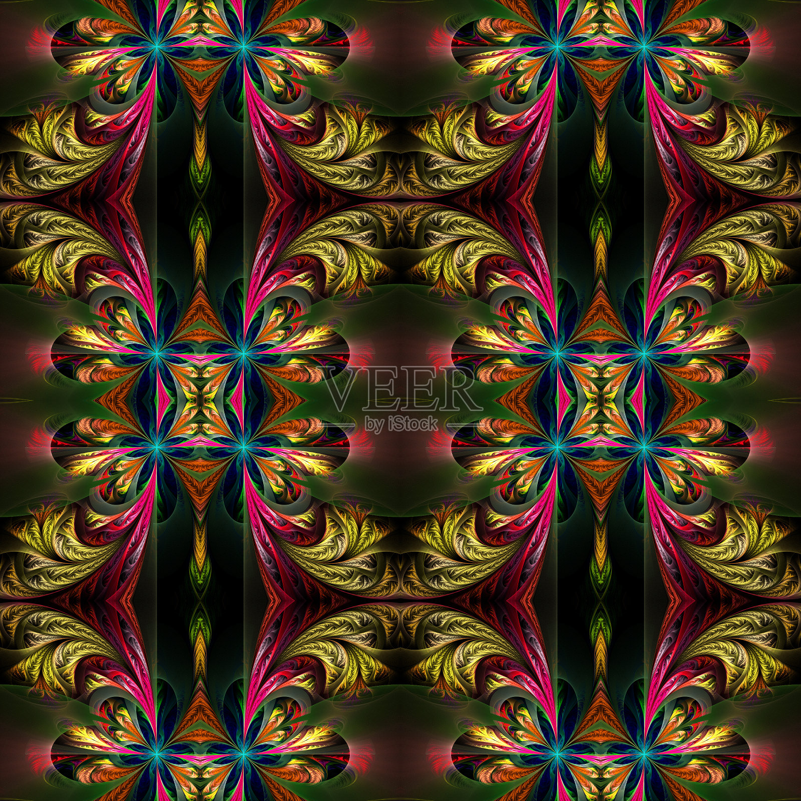 美丽对称的背景分形窗饰。在黑色的。插画图片素材