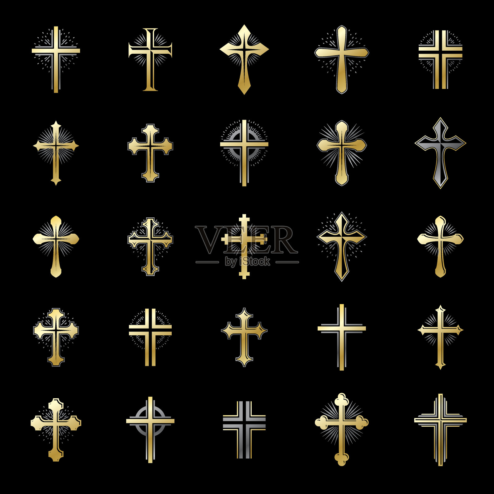 基督教十字架的宗教标志设置。纹章的盾形纹章装饰标志孤立的矢量插图收集。插画图片素材