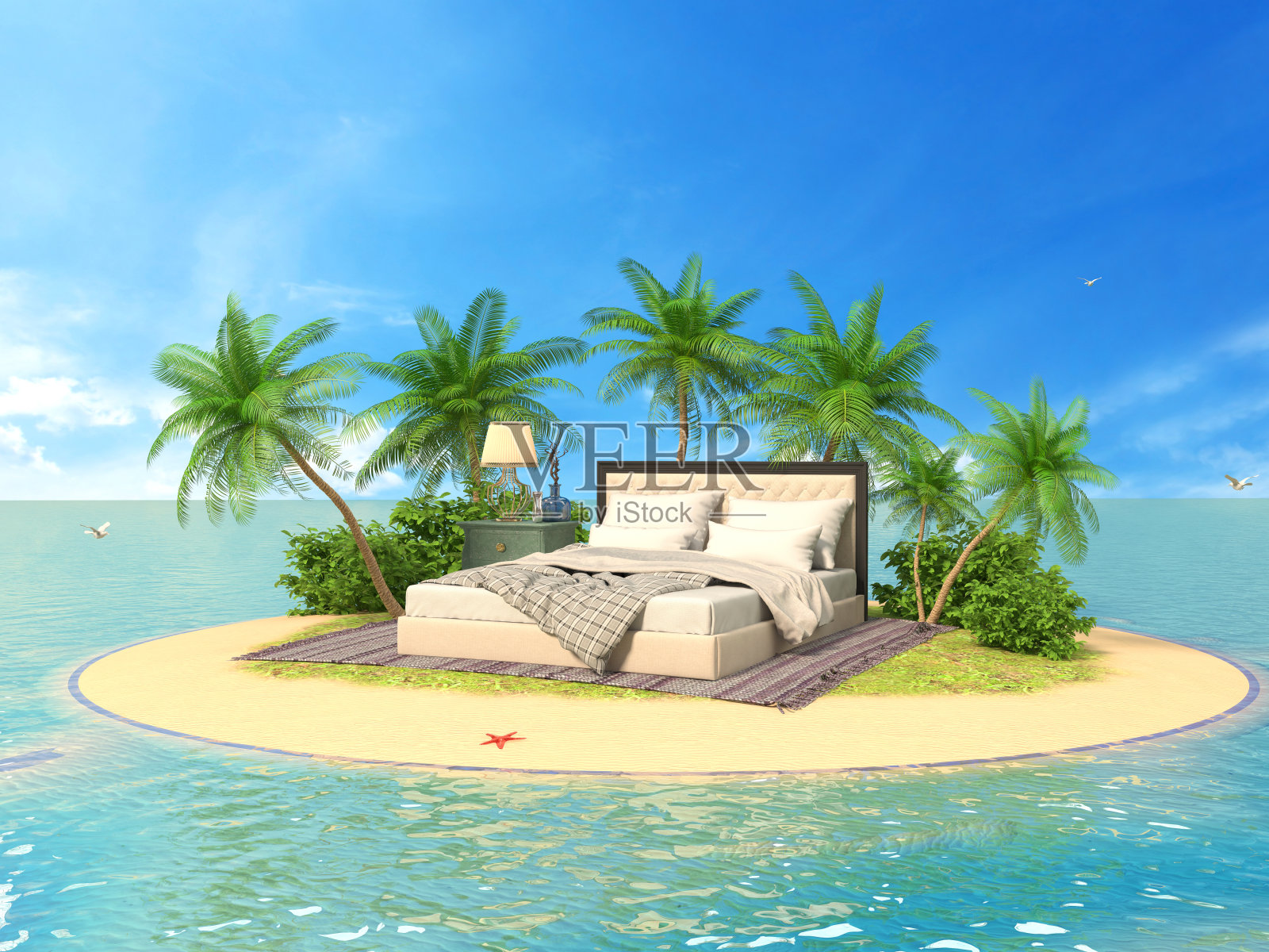 假期的概念。在岛上的软家具上休息。三维演示照片摄影图片