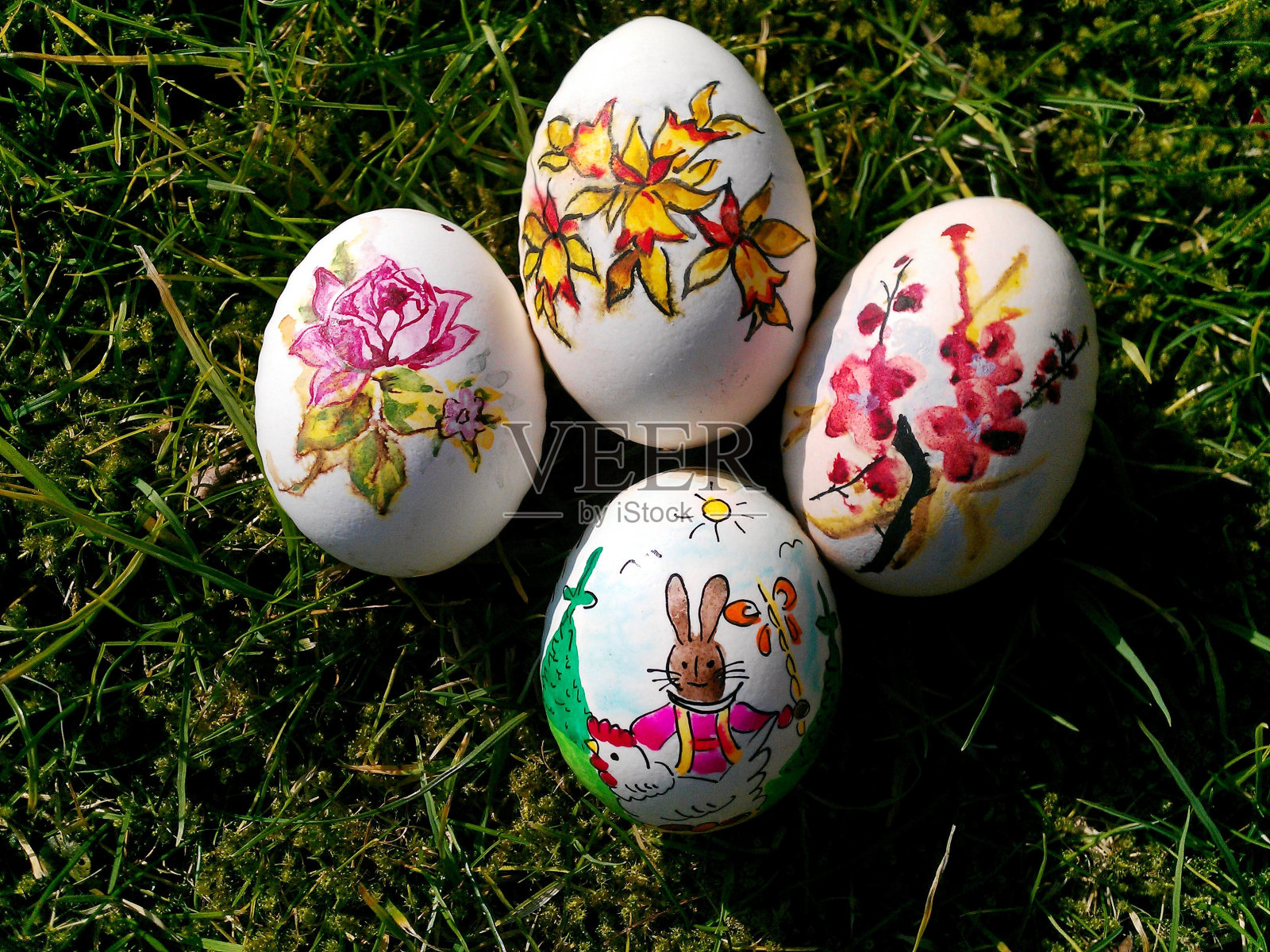 复活节彩蛋装饰在绿色的草地上照片摄影图片